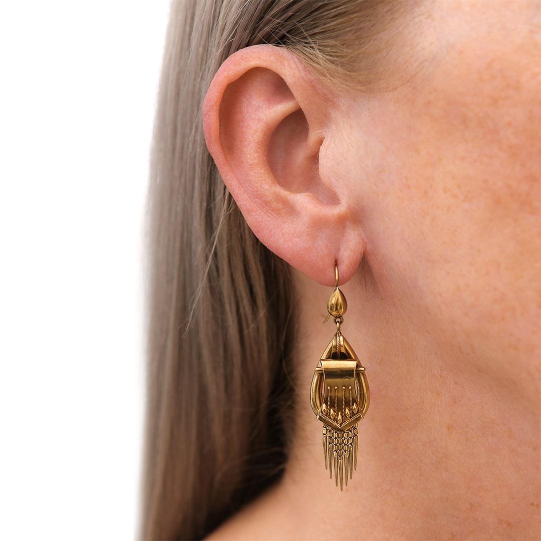 Victorian 18ct Yellow Gold Etruscan Drop Earrings with Foxtail Fringe Circa 1870 2