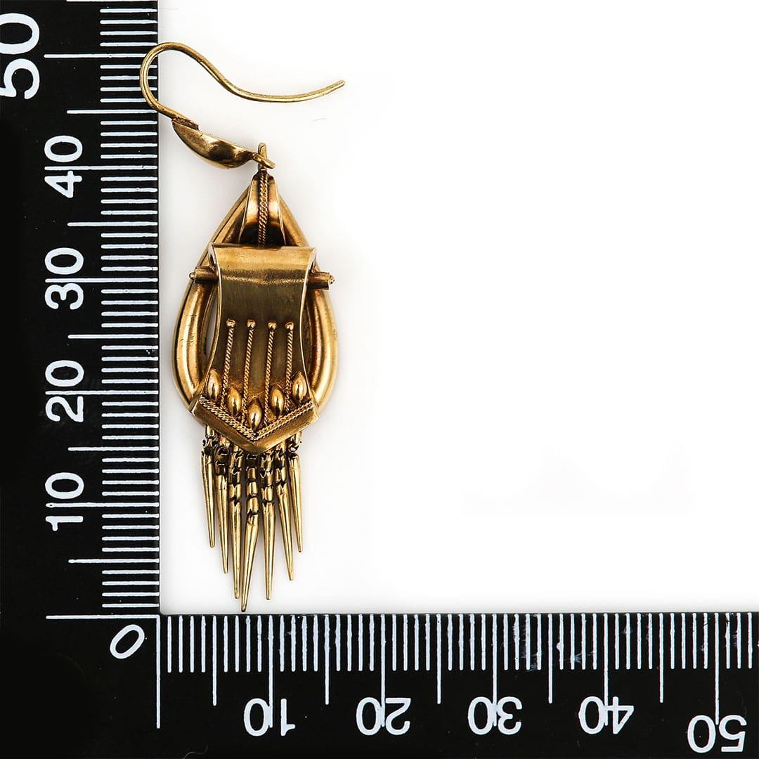 Victorian 18ct Yellow Gold Etruscan Drop Earrings with Foxtail Fringe Circa 1870 3