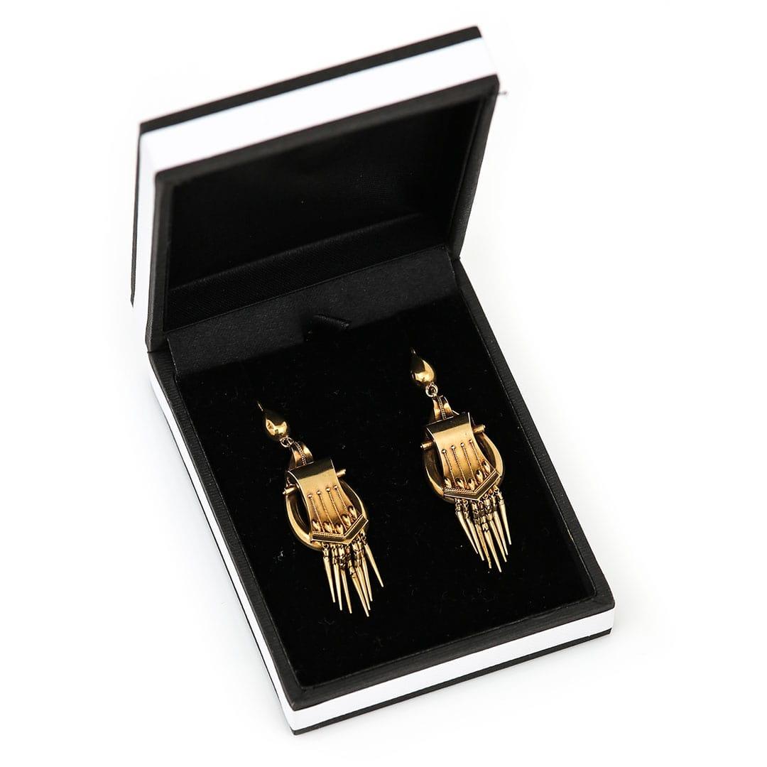 Victorian 18ct Yellow Gold Etruscan Drop Earrings with Foxtail Fringe Circa 1870 4
