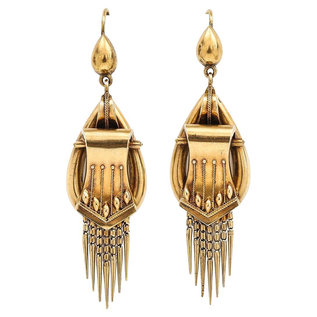 Victorian 18ct Yellow Gold Etruscan Drop Earrings with Foxtail Fringe Circa 1870