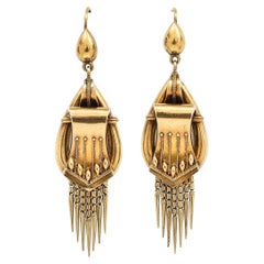 Victorian 18ct Yellow Gold Etruscan Drop Earrings with Foxtail Fringe Circa 1870