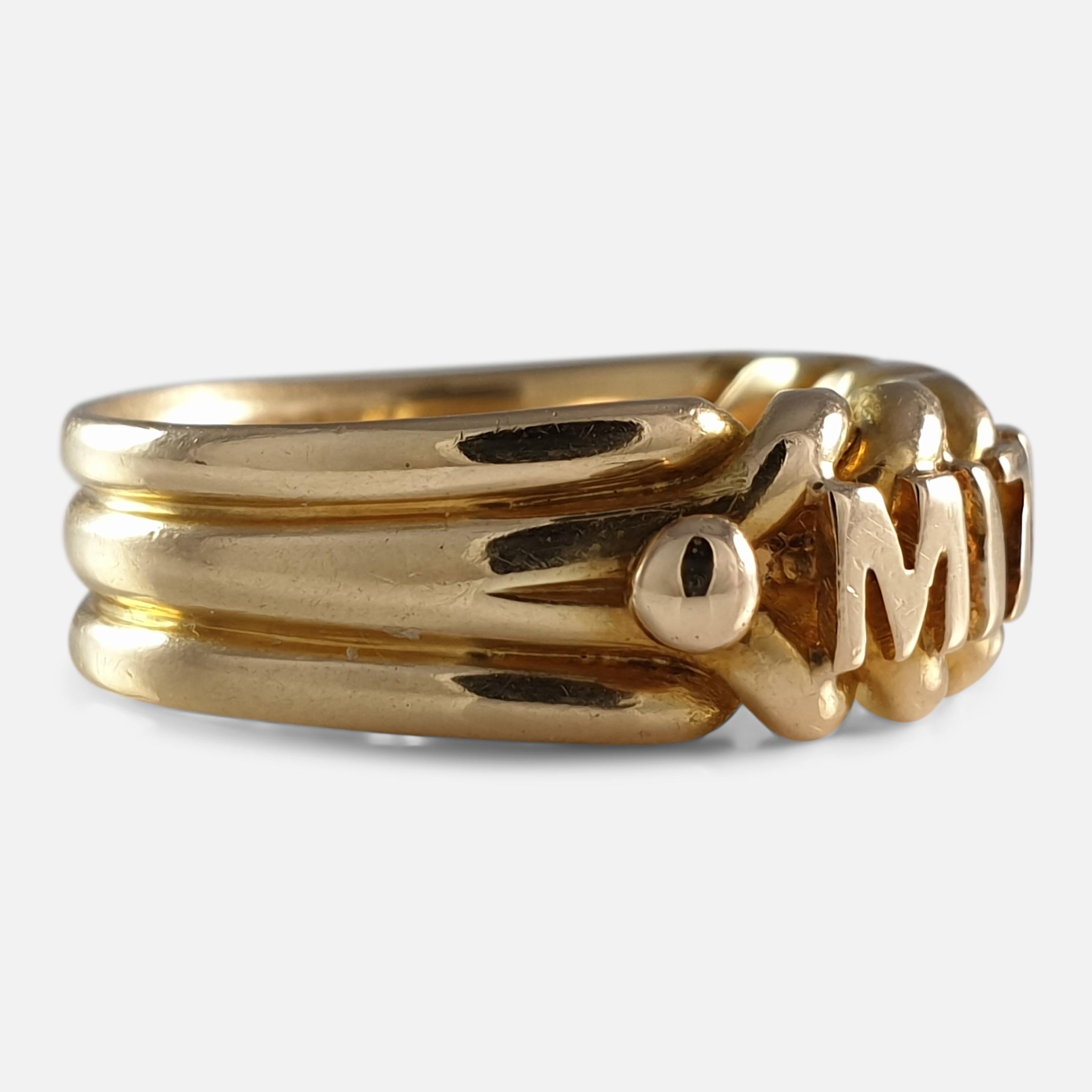 Women's or Men's Victorian 18 Carat Yellow Gold Mizpah Ring, Birmingham, 1896
