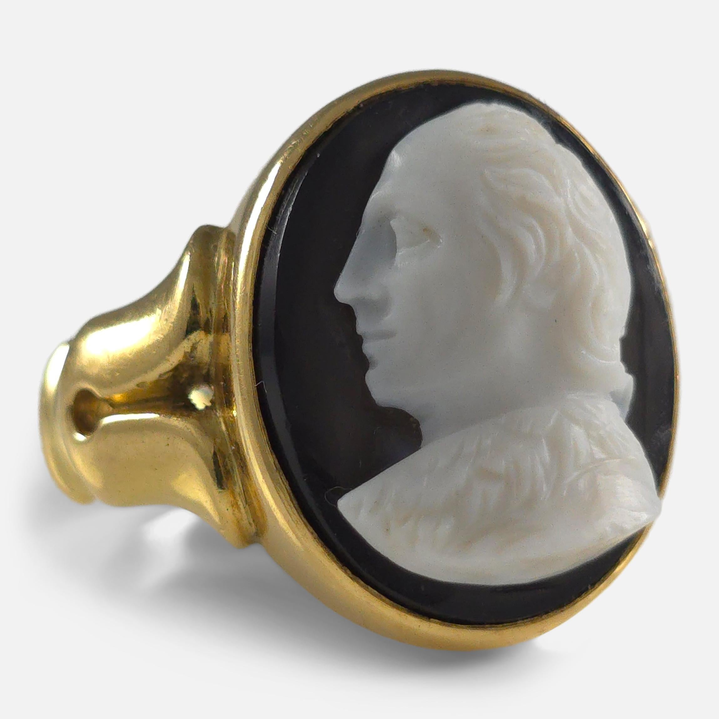 Classical Roman Victorian 18ct Yellow Gold Onyx Cameo Ring, 1881 For Sale