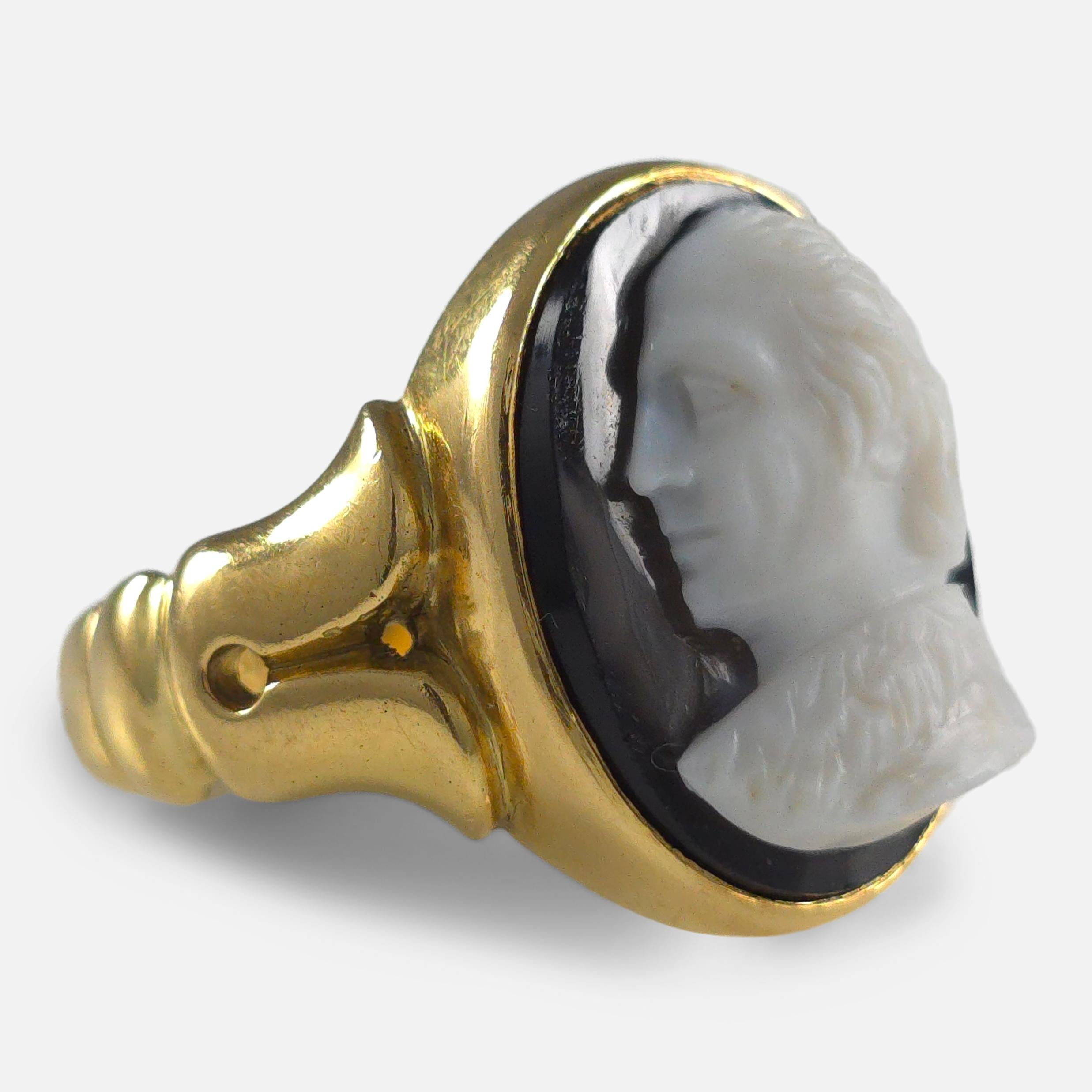 Oval Cut Victorian 18ct Yellow Gold Onyx Cameo Ring, 1881 For Sale