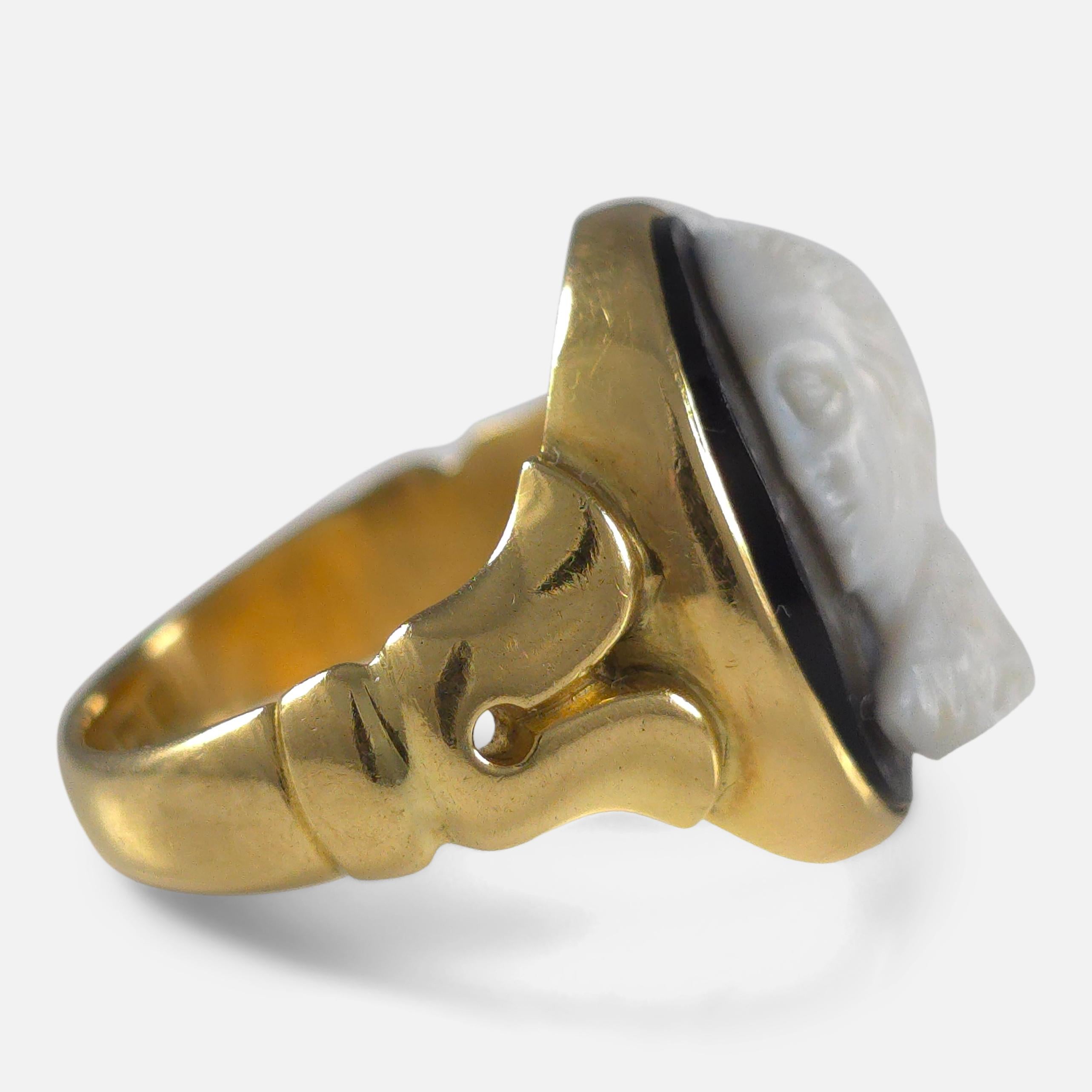 Victorian 18ct Yellow Gold Onyx Cameo Ring, 1881 In Good Condition For Sale In Glasgow, GB