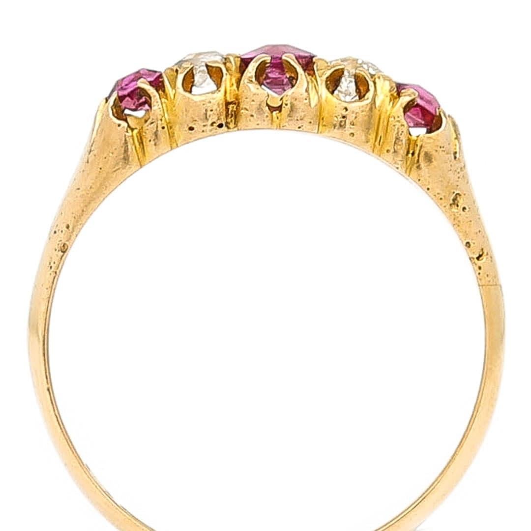 Victorian 18ct Yellow Gold Ruby and Diamond Five Stone Ring, Circa 1894 4
