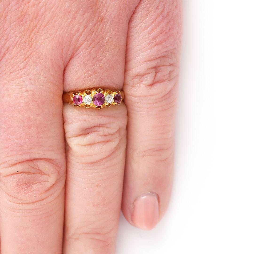 Victorian 18ct Yellow Gold Ruby and Diamond Five Stone Ring, Circa 1894 6
