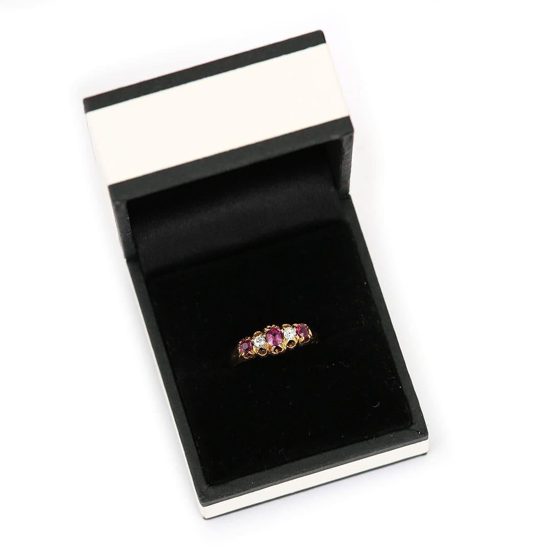 Victorian 18ct Yellow Gold Ruby and Diamond Five Stone Ring, Circa 1894 7