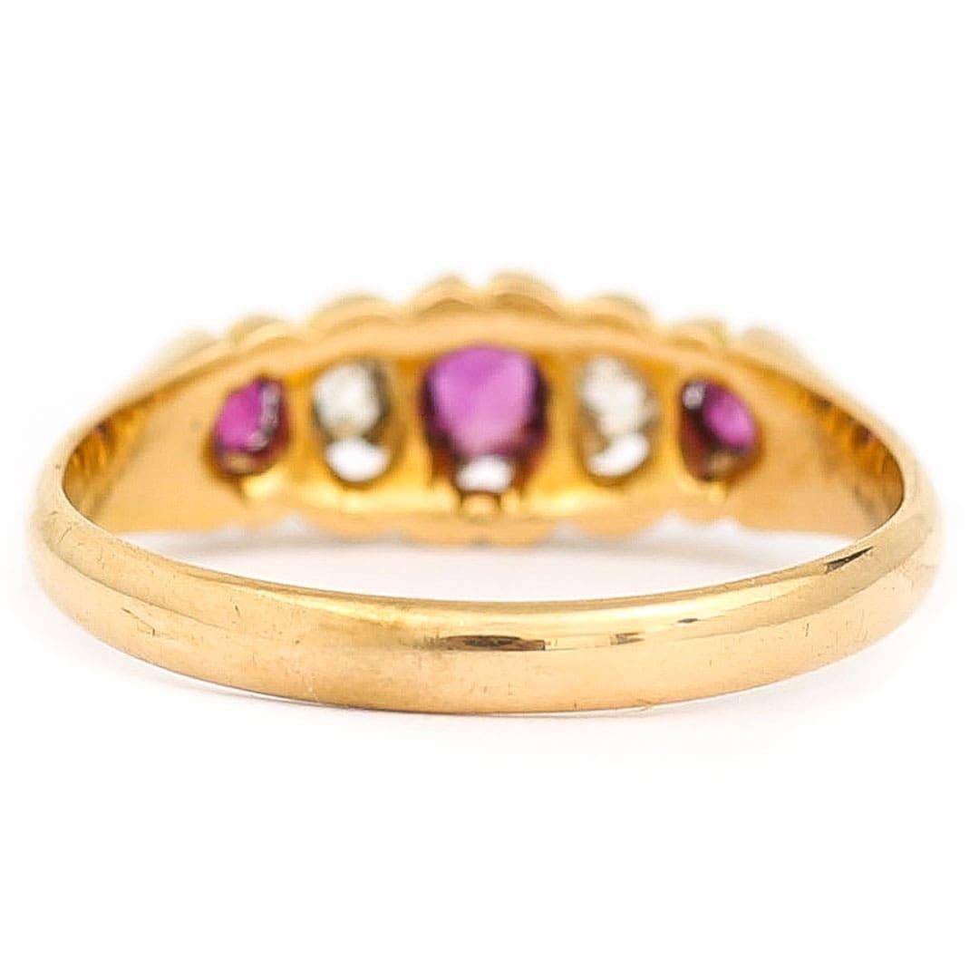 Round Cut Victorian 18ct Yellow Gold Ruby and Diamond Five Stone Ring, Circa 1894