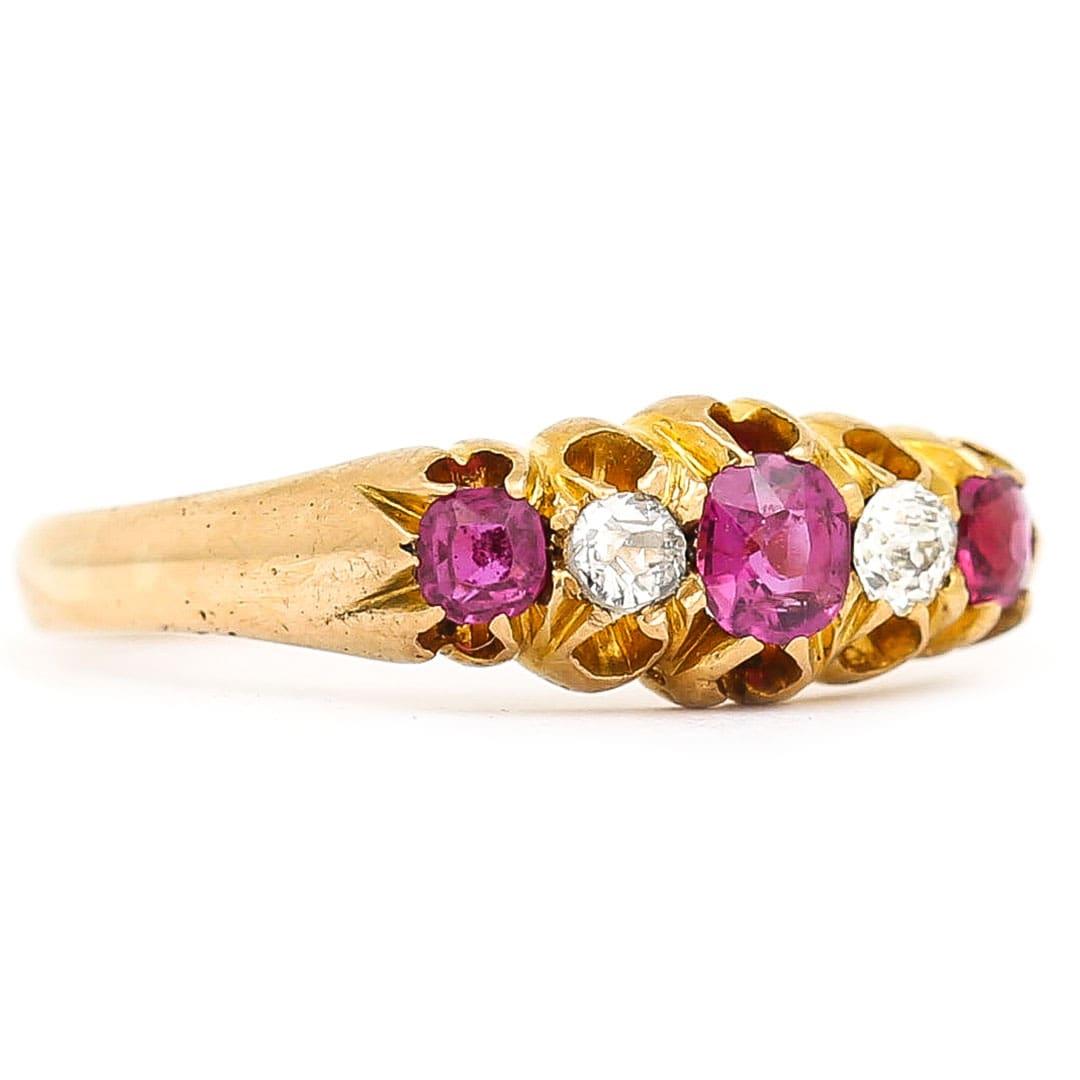 Victorian 18ct Yellow Gold Ruby and Diamond Five Stone Ring, Circa 1894 In Good Condition In Lancashire, Oldham