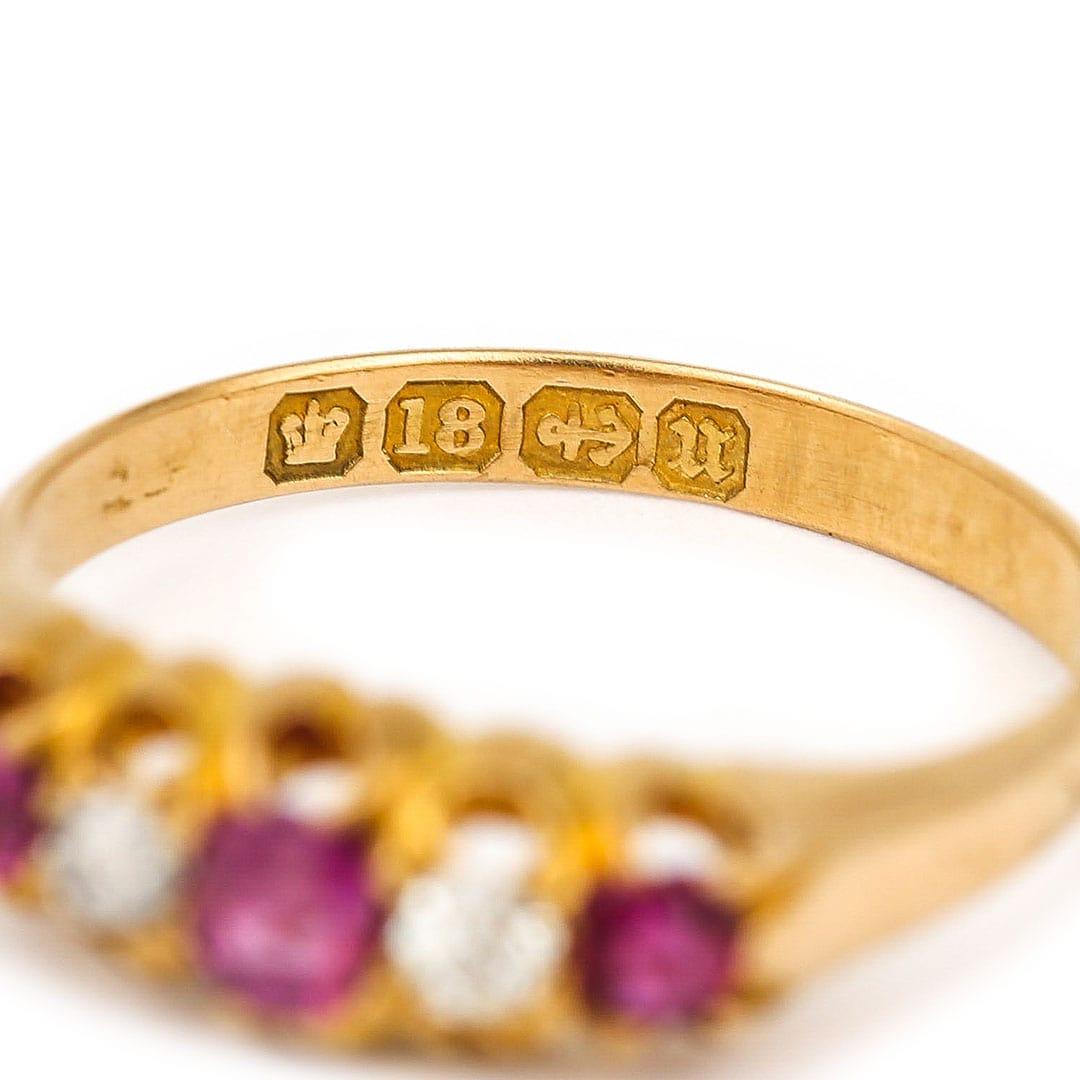 Victorian 18ct Yellow Gold Ruby and Diamond Five Stone Ring, Circa 1894 1