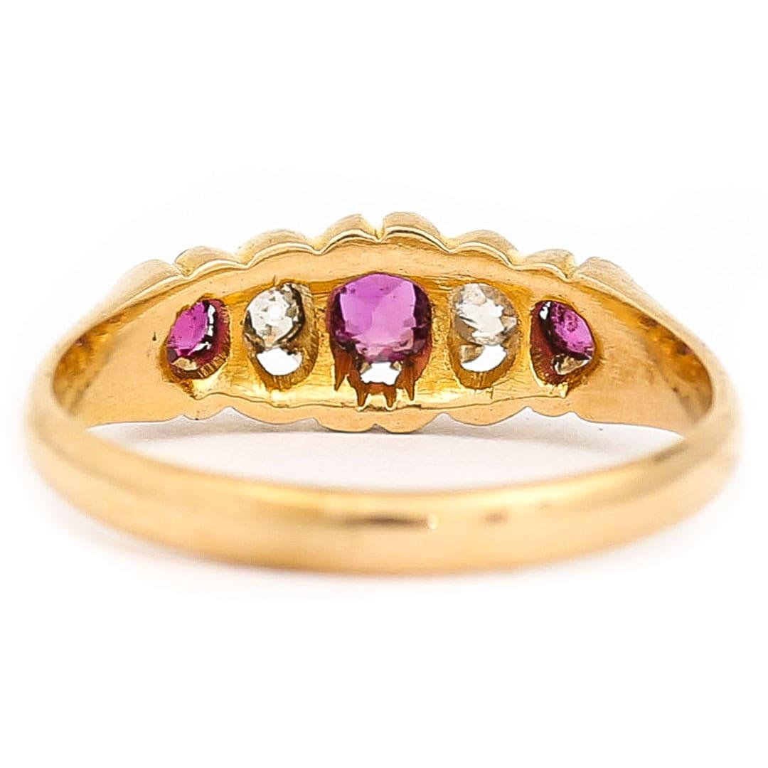 Victorian 18ct Yellow Gold Ruby and Diamond Five Stone Ring, Circa 1894 2