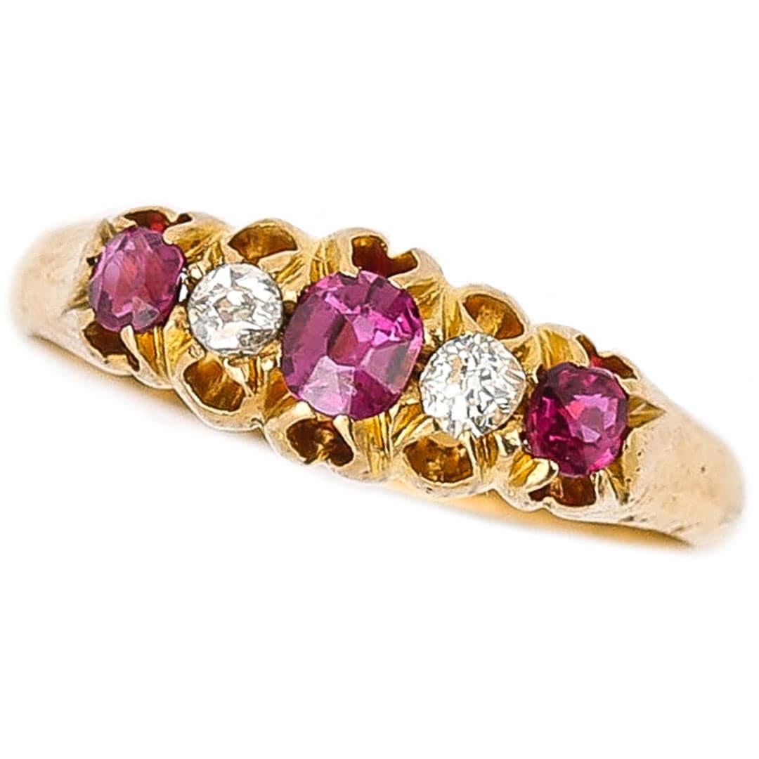 Victorian 18ct Yellow Gold Ruby and Diamond Five Stone Ring, Circa 1894