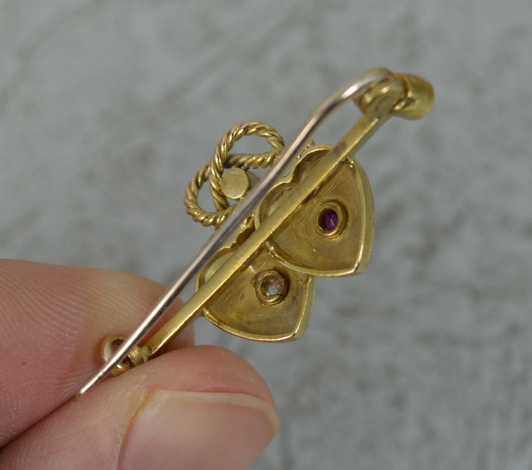 Victorian 18 Carat Yellow Gold Ruby Old Cut Diamond Double Heart Brooch 2