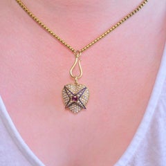 Victorian 18ct Yellow Gold Ruby Pearl Blue Enamel Celestial Heart Pendant