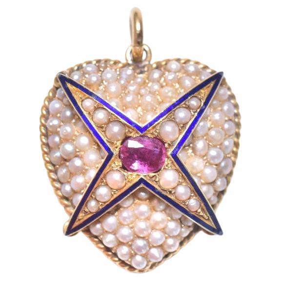 Victorian 18ct Yellow Gold Ruby Pearl Blue Enamel Celestial Heart Pendant  For Sale