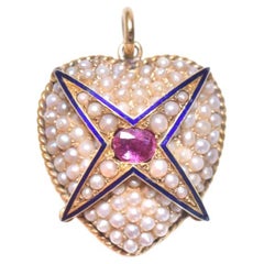 Pendentif cœur céleste victorien en or jaune 18 carats, rubis, perle, émail bleu 