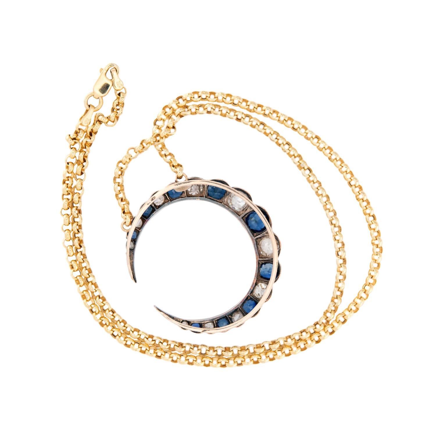 Collar Victoriano de Zafiro y Diamantes en Media Luna de Plata de 18k/14k/Sterling en Bueno estado para la venta en Narberth, PA