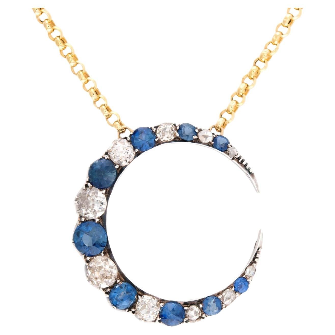 Collar Victoriano de Zafiro y Diamantes en Media Luna de Plata de 18k/14k/Sterling en venta