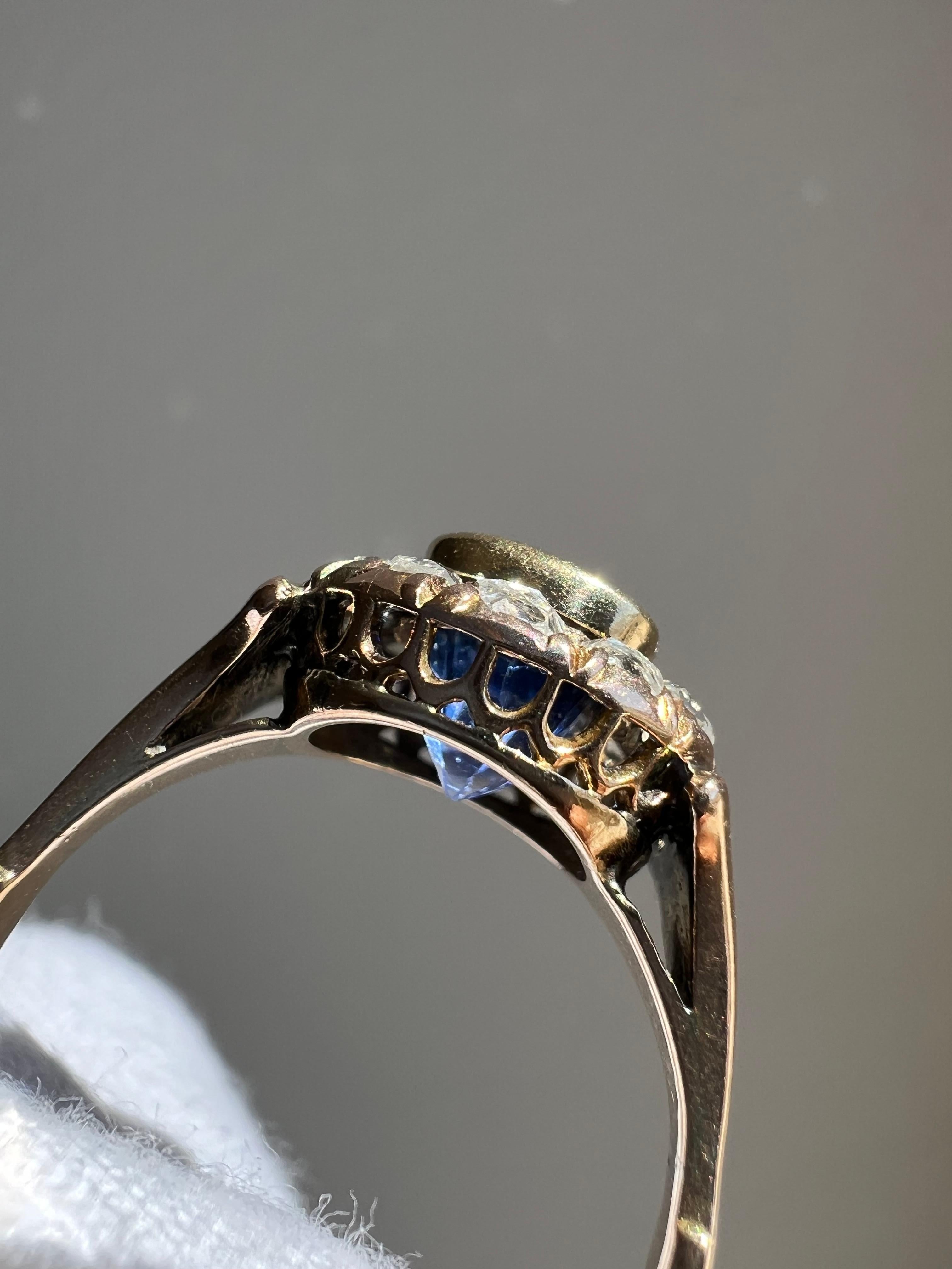 Viktorianischer 18k Blauer Ceylon Saphir & Diamantring im Rosenschliff (Antiker Kissenschliff) im Angebot