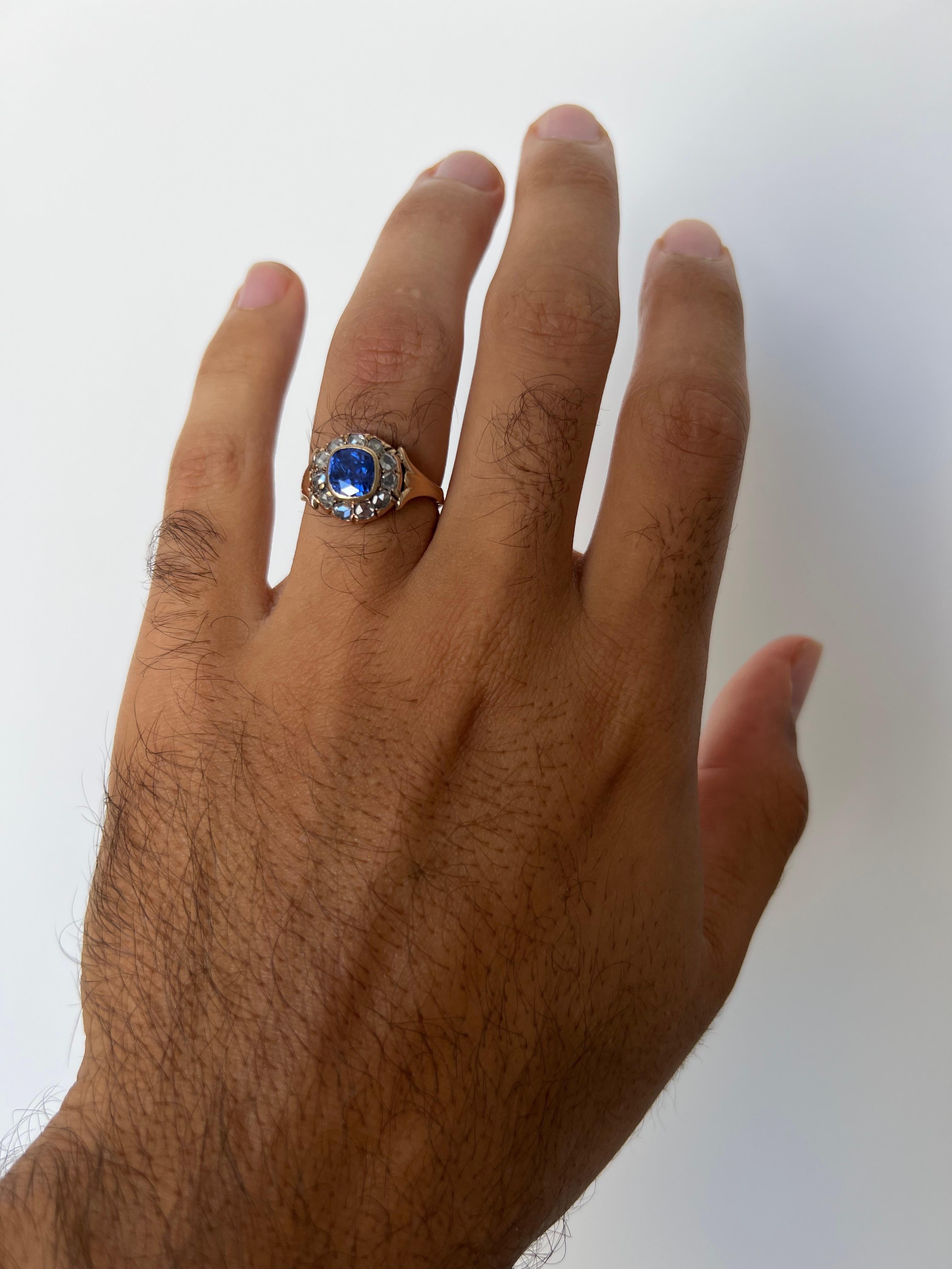 Viktorianischer 18k Blauer Ceylon Saphir & Diamantring im Rosenschliff im Angebot 1