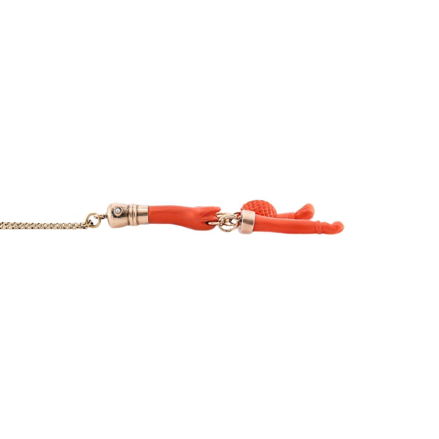 Round Cut Victorian 18k Coral Figa Charm Pendant Necklace For Sale
