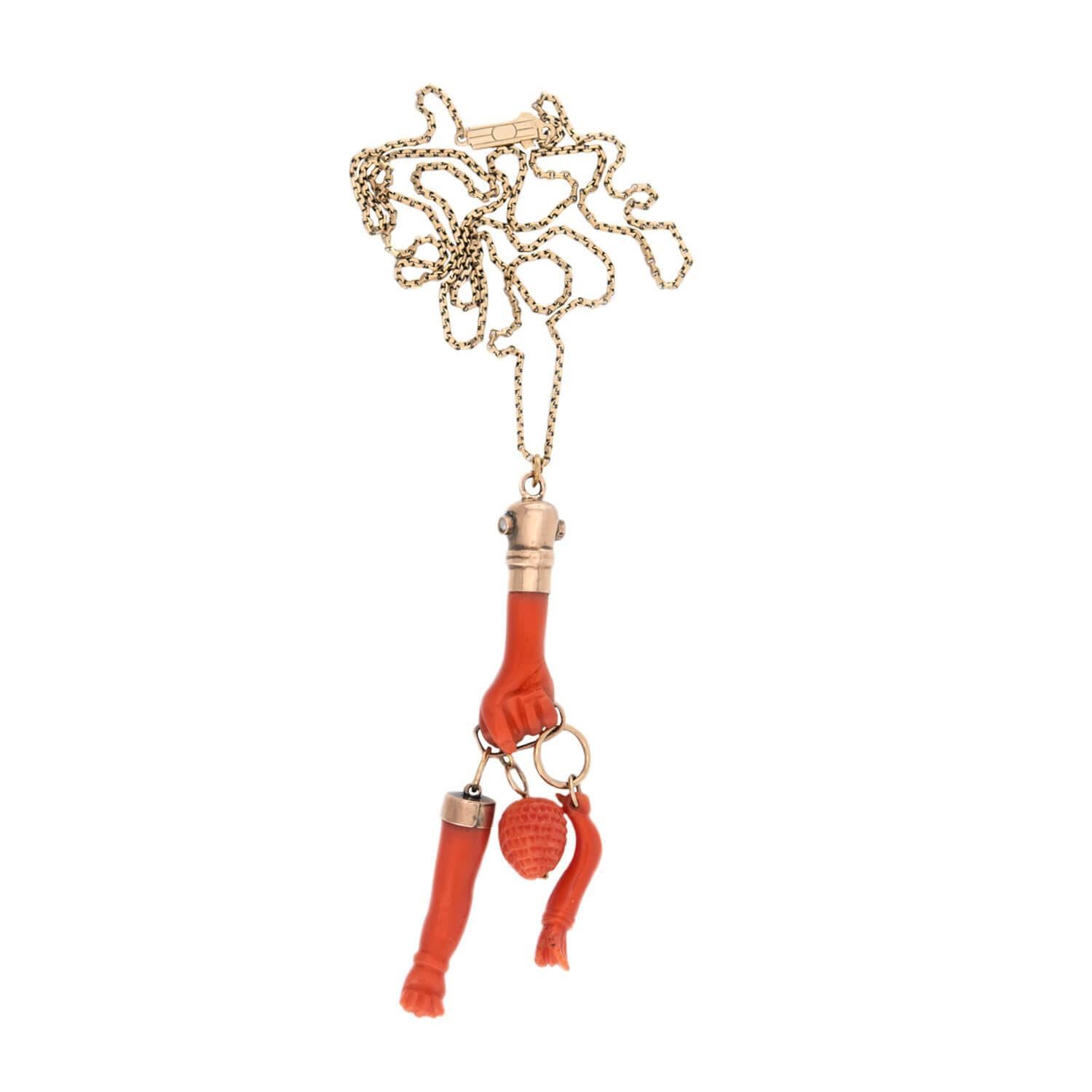 Victorian 18k Coral Figa Charm Pendant Necklace In Good Condition For Sale In Narberth, PA