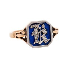 Victorian 18k Diamond and Enamel "R" Ring