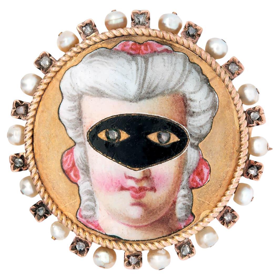 Victorian 18k Diamond and Pearl Enameled Masked Woman Pin/Pendant For Sale
