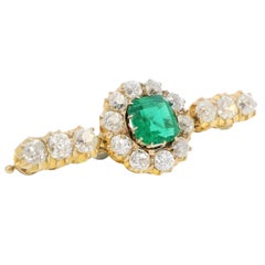 Victorian 18K Diamond Brooch Synthetic Emerald Yellow Gold ~3.64ctw