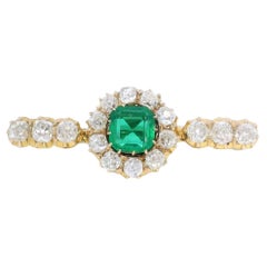 Victorian 18K Diamond Brooch Synthetic Emerald Yellow Gold ~3.64ctw