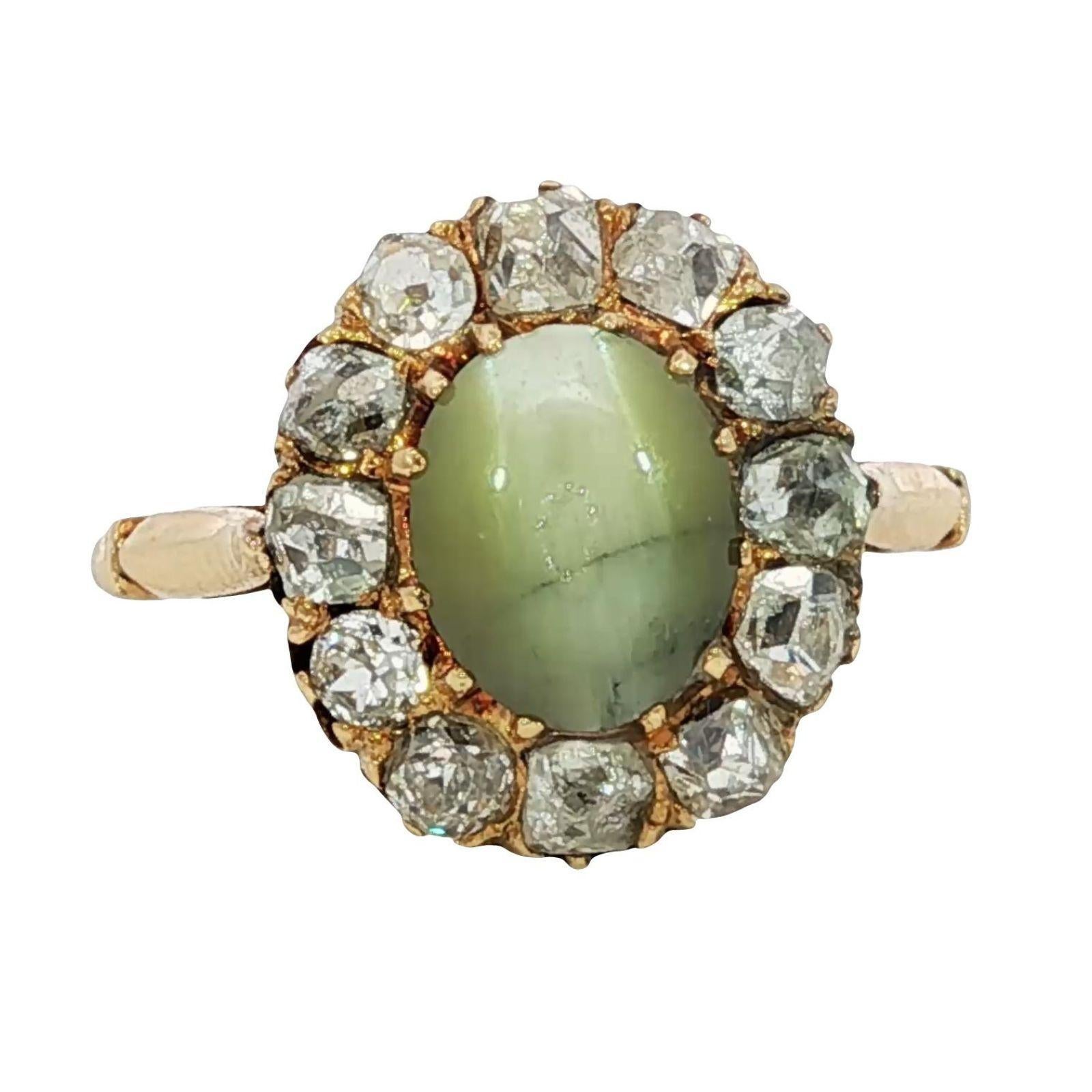 Anello vittoriano a grappolo di diamanti 18 carati con occhio di gatto e crisoberillo in oro giallo ~2,26ctw in vendita 4