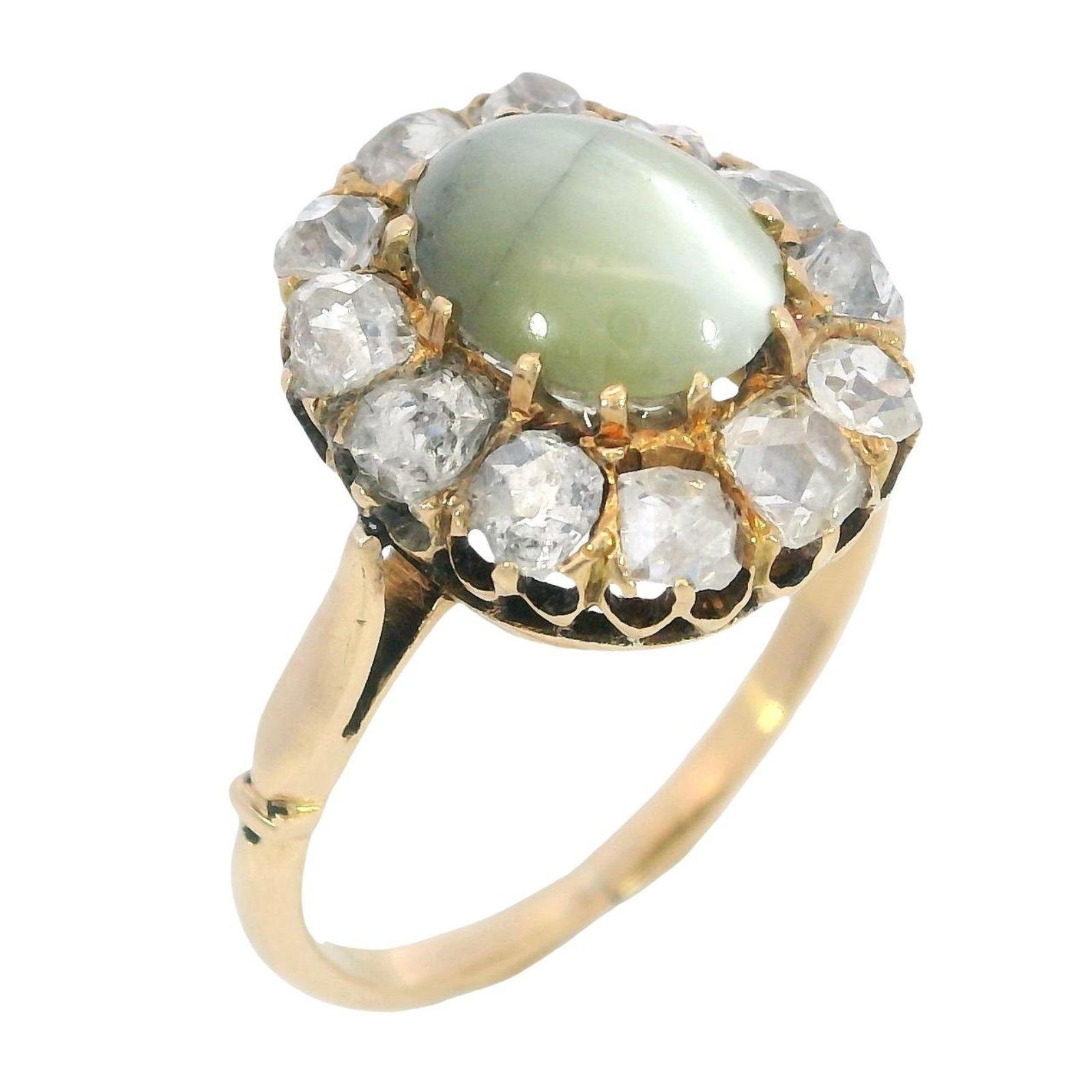 Anello vittoriano a grappolo di diamanti 18 carati con occhio di gatto e crisoberillo in oro giallo ~2,26ctw in vendita 5