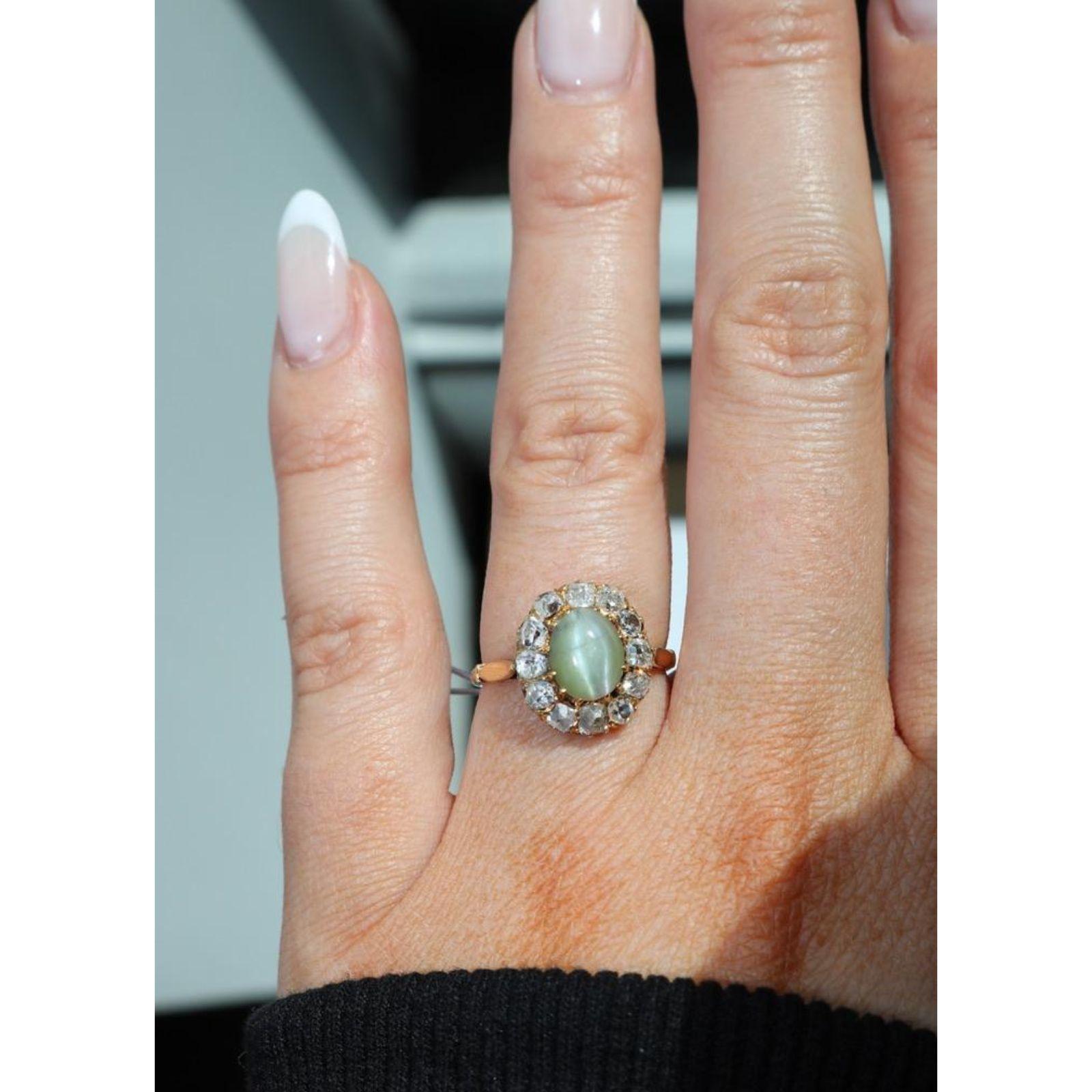Vittoriano Anello vittoriano a grappolo di diamanti 18 carati con occhio di gatto e crisoberillo in oro giallo ~2,26ctw in vendita
