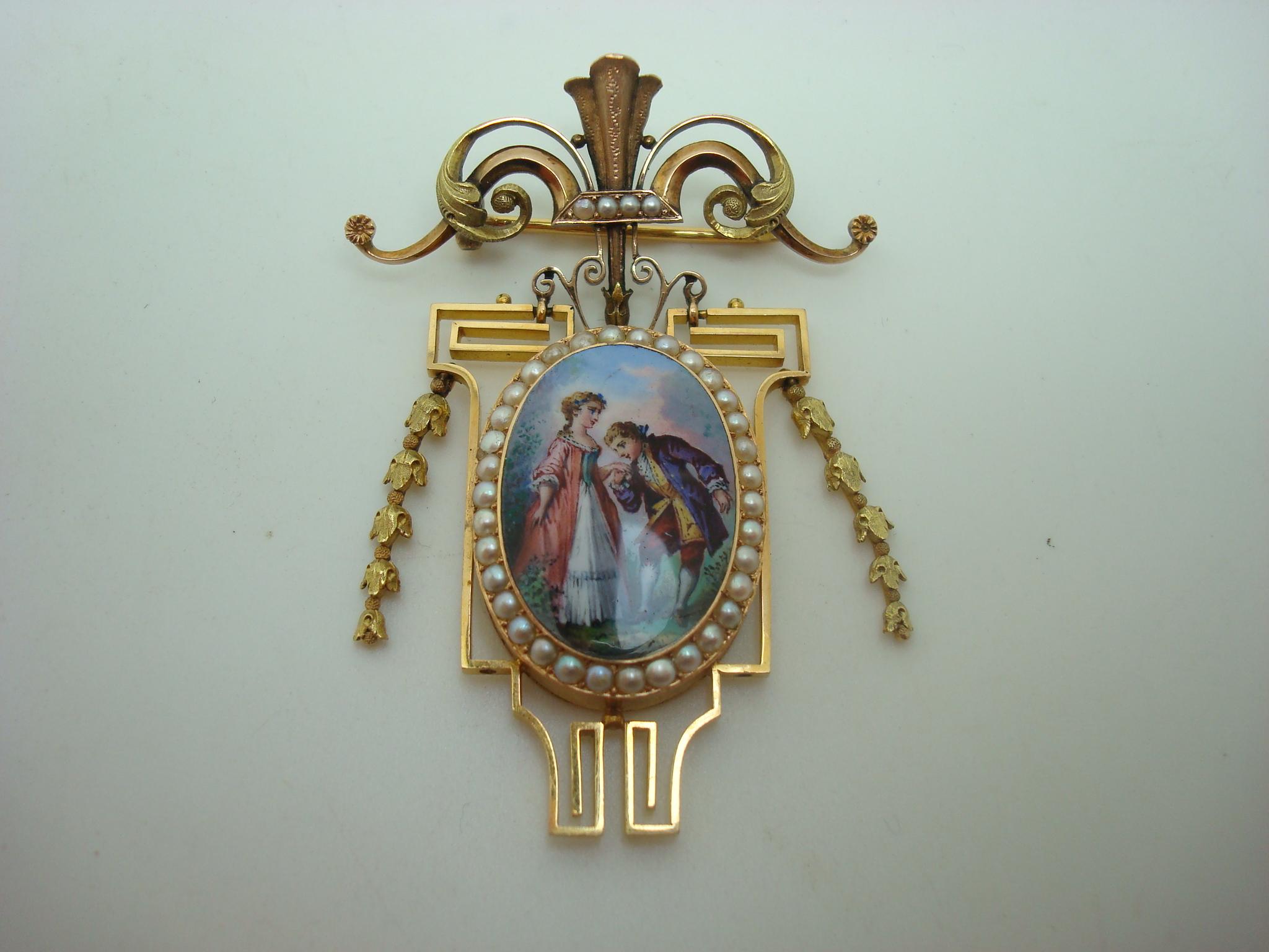 Victorian 18K Enameled Portrait Pin Brooch Locket In Excellent Condition For Sale In Big Bend, WI