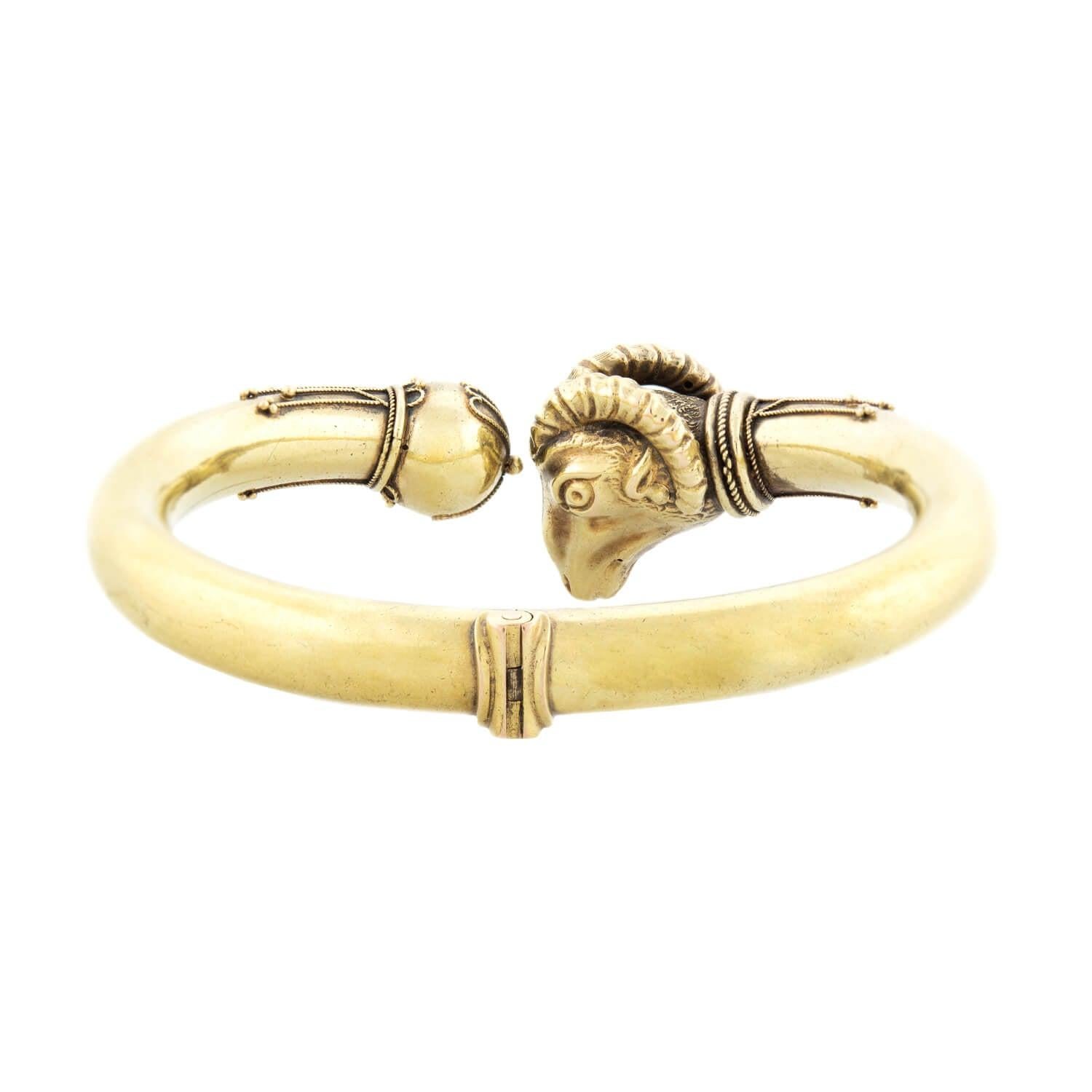 Victorian 18k Etruscan Rams Head Cuff Bracelet In Good Condition For Sale In Narberth, PA