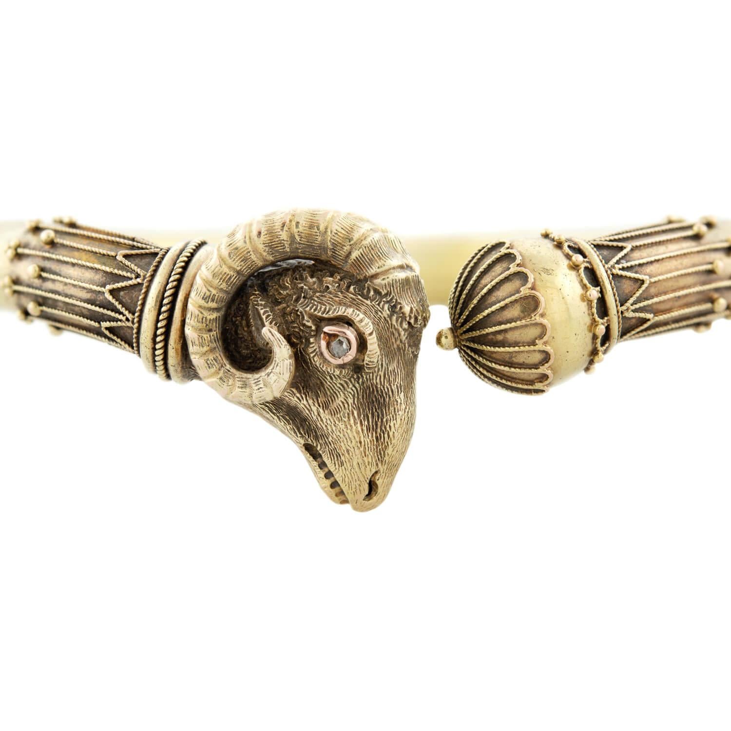 Victorian 18k Etruscan Rams Head Cuff Bracelet For Sale 1