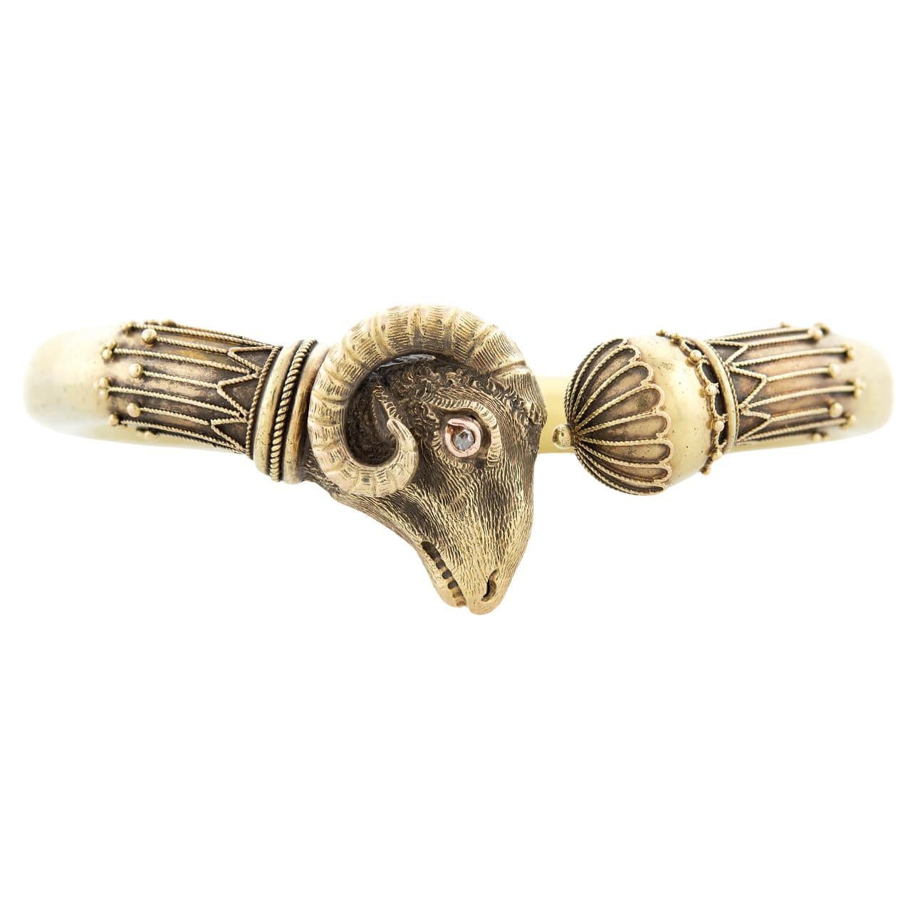 Victorian 18k Etruscan Rams Head Cuff Bracelet For Sale