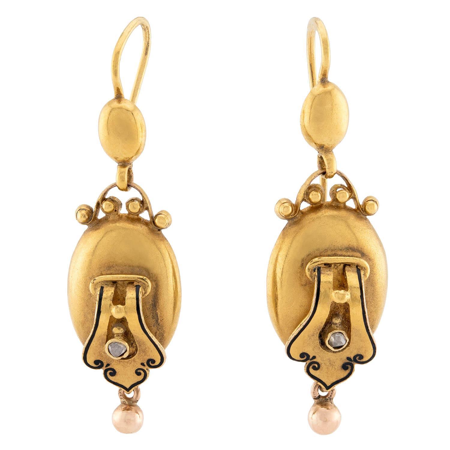 Orecchini vittoriani con diamanti e smalto a forma di fibbia in Francia 18k In condizioni buone in vendita a Narberth, PA