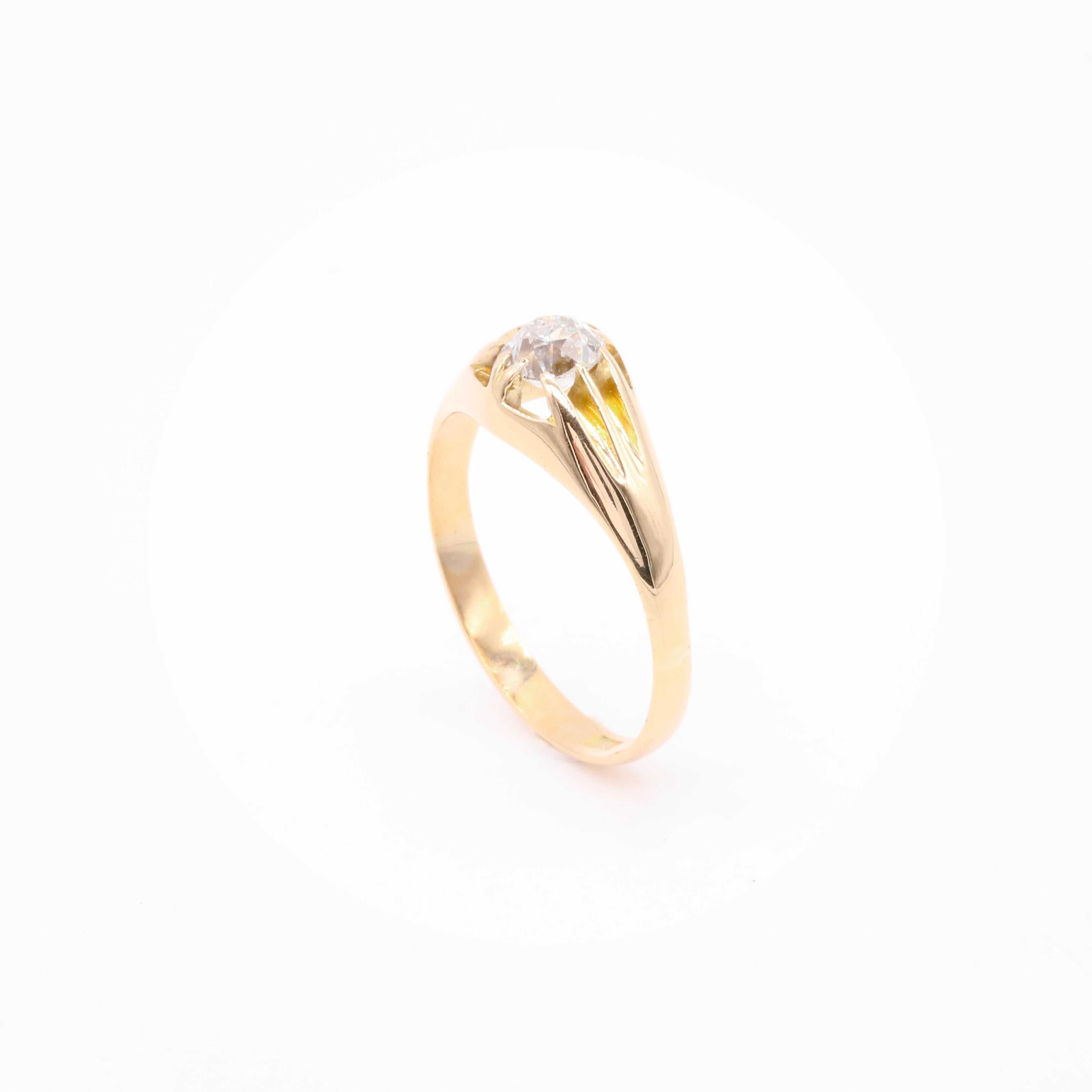Victorian 18K Gold 0.35ct Old European Cut Diamond Solitaire Belcher Ring For Sale 3