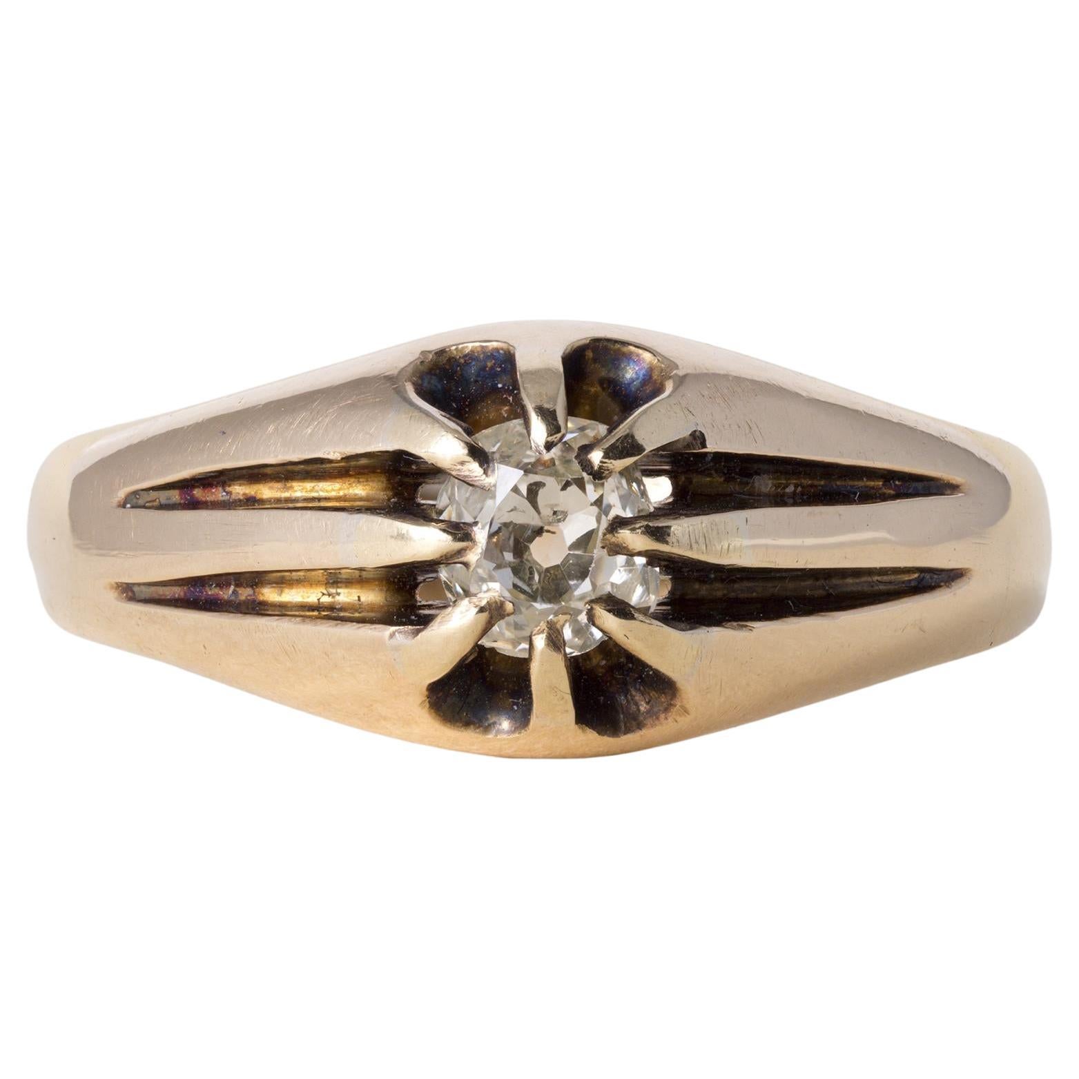 Victorian 18K Gold 0.50 Carat Old Mine Cut Cushion Diamond Belcher Ring For Sale