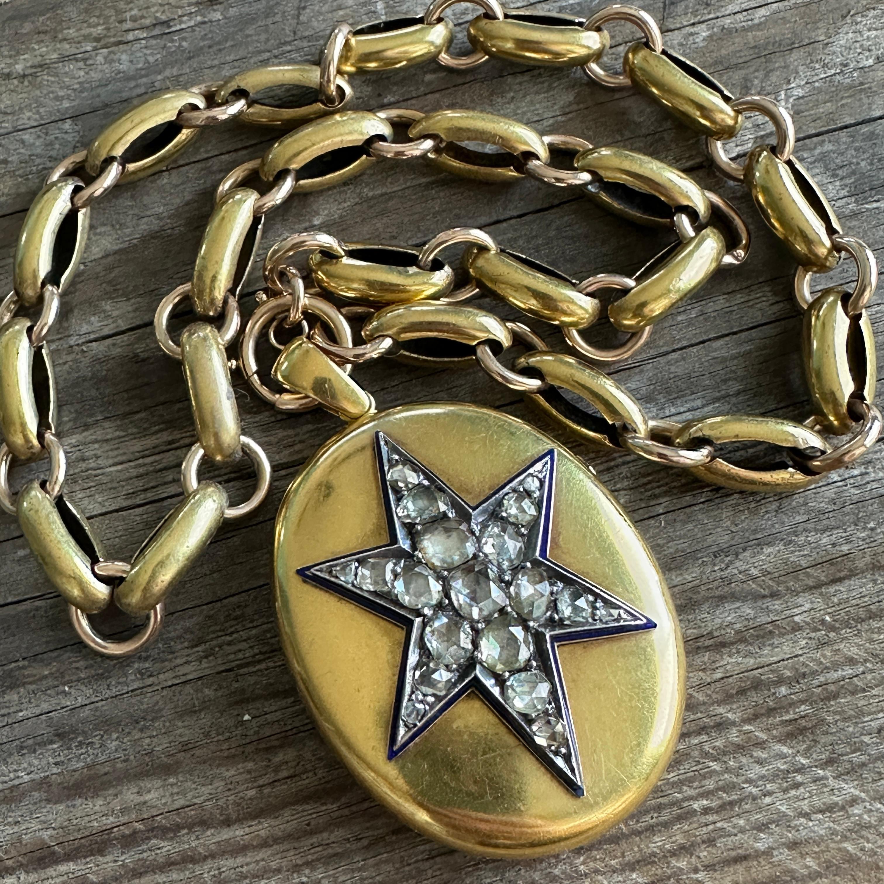 Victorian 18k Gold 2.15ct Diamond Star Enamel Locket Pendant For Sale 5