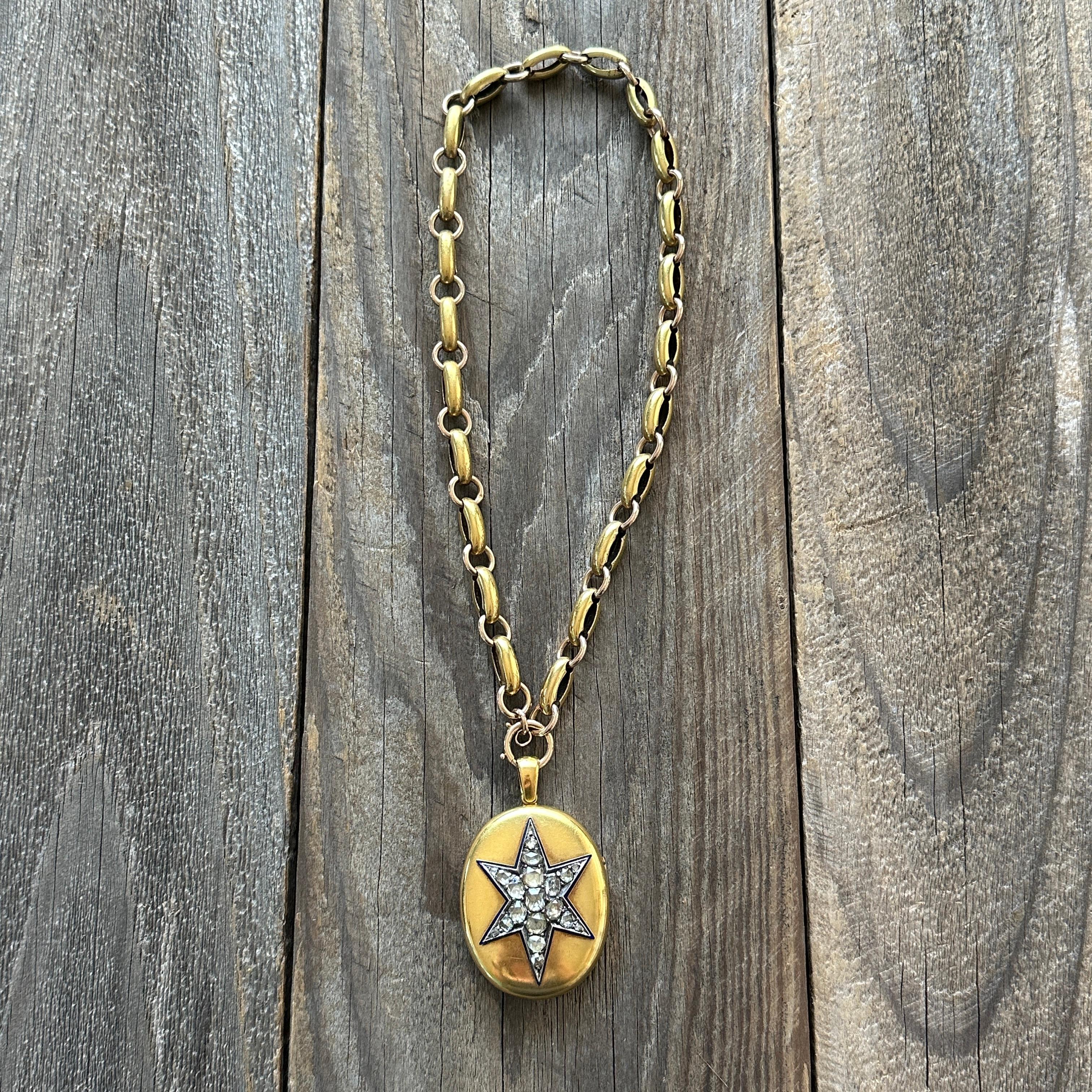 Victorian 18k Gold 2.15ct Diamond Star Enamel Locket Pendant For Sale 6