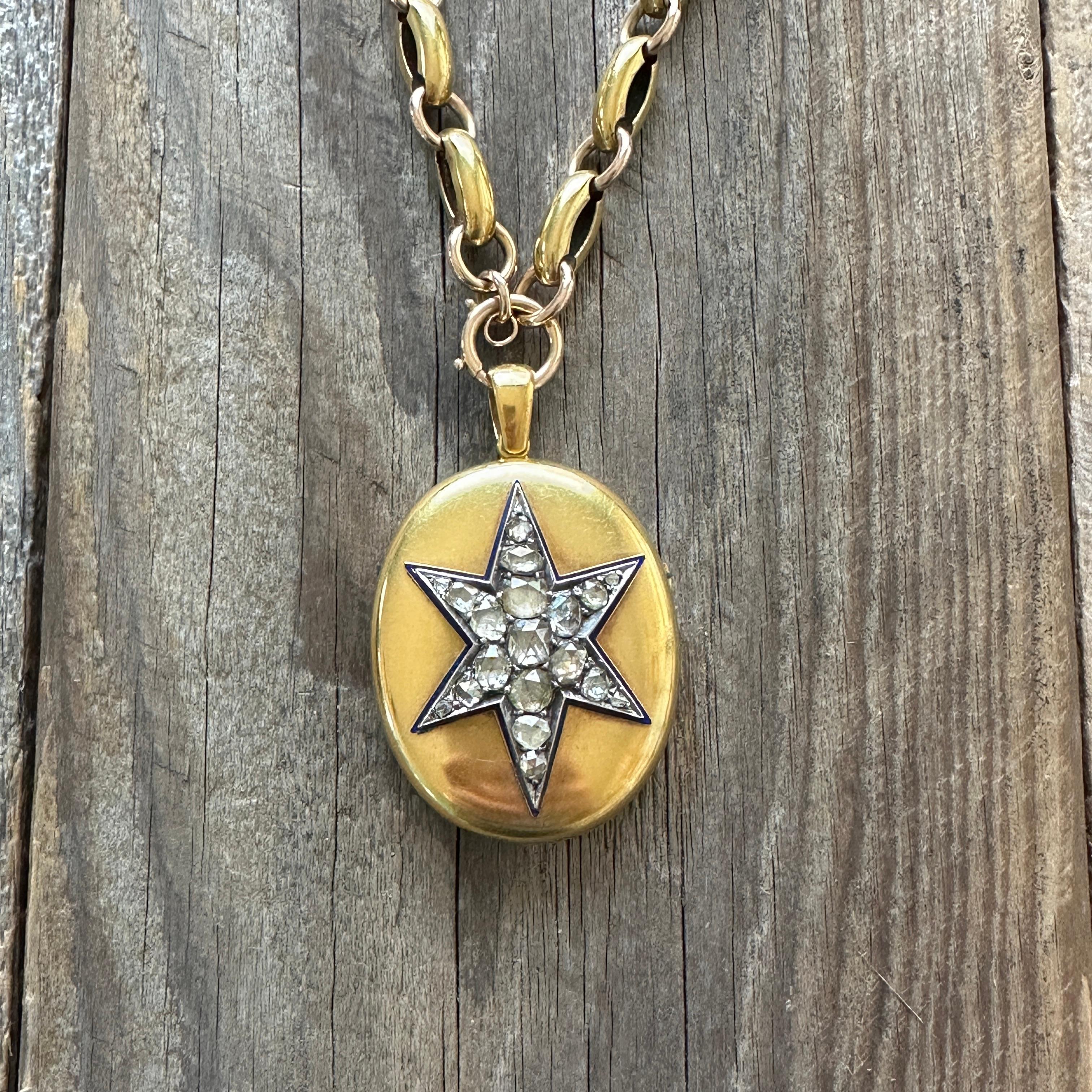 Victorian 18k Gold 2.15ct Diamond Star Enamel Locket Pendant For Sale 7