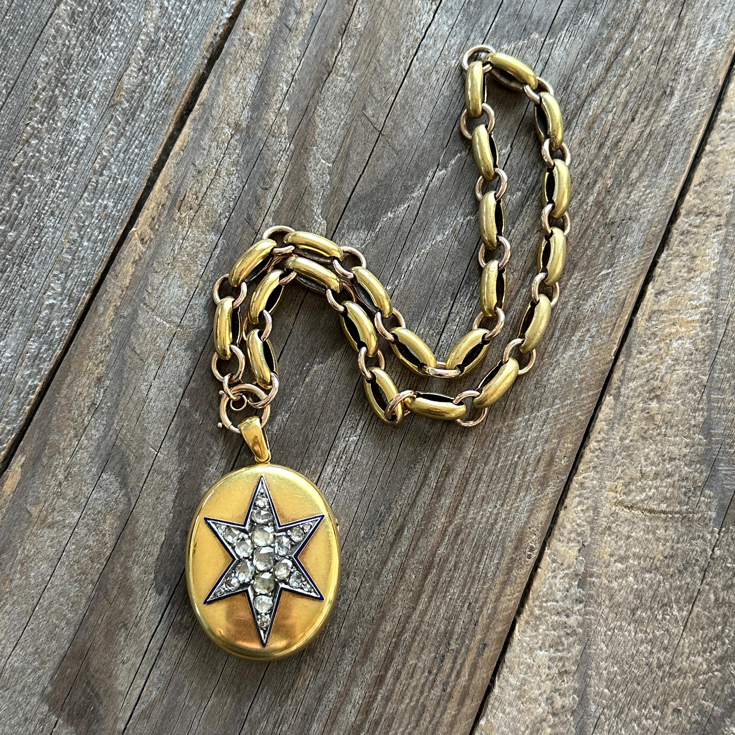 Victorian 18k Gold 2.15ct Diamond Star Enamel Locket Pendant For Sale 8