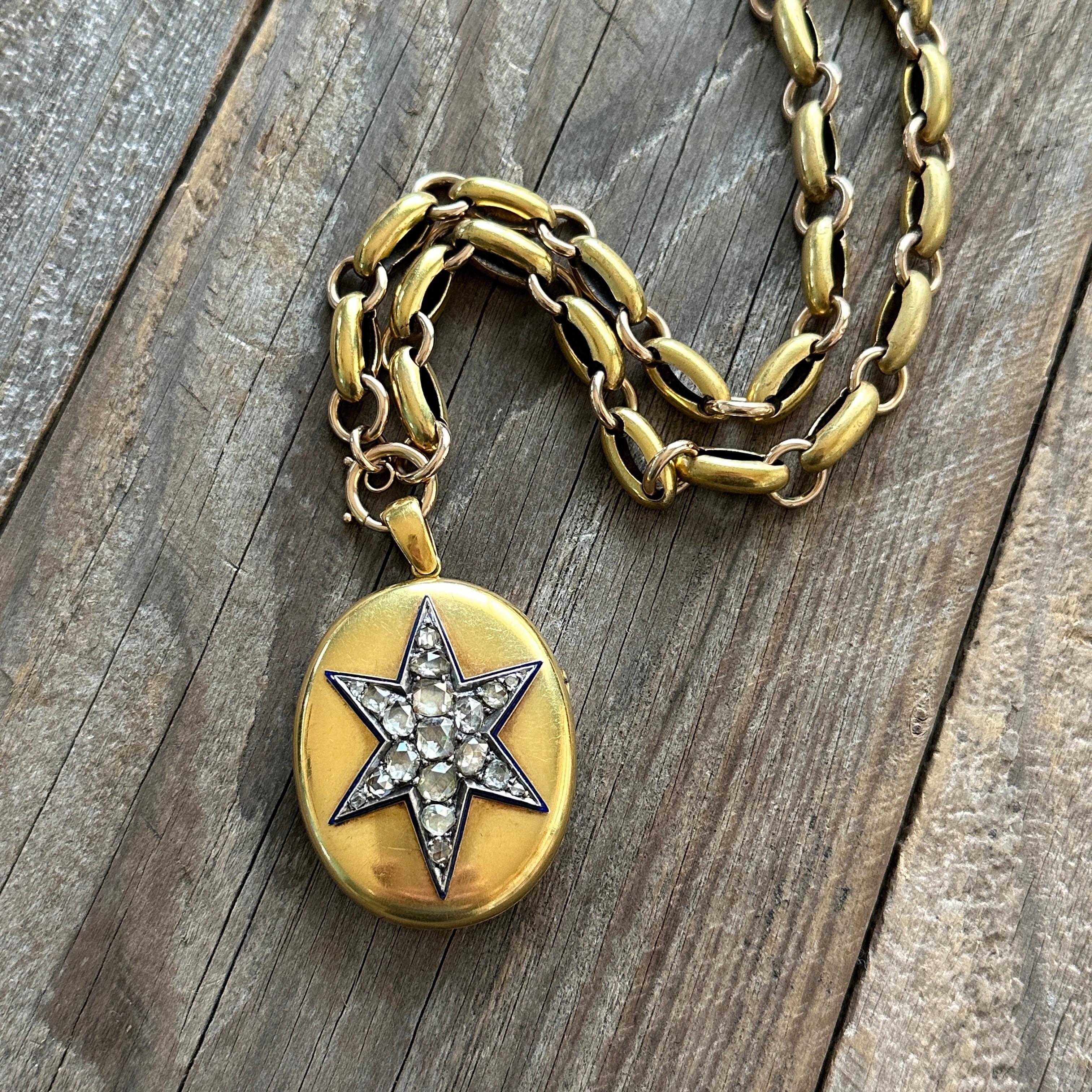 Victorian 18k Gold 2.15ct Diamond Star Enamel Locket Pendant For Sale 9