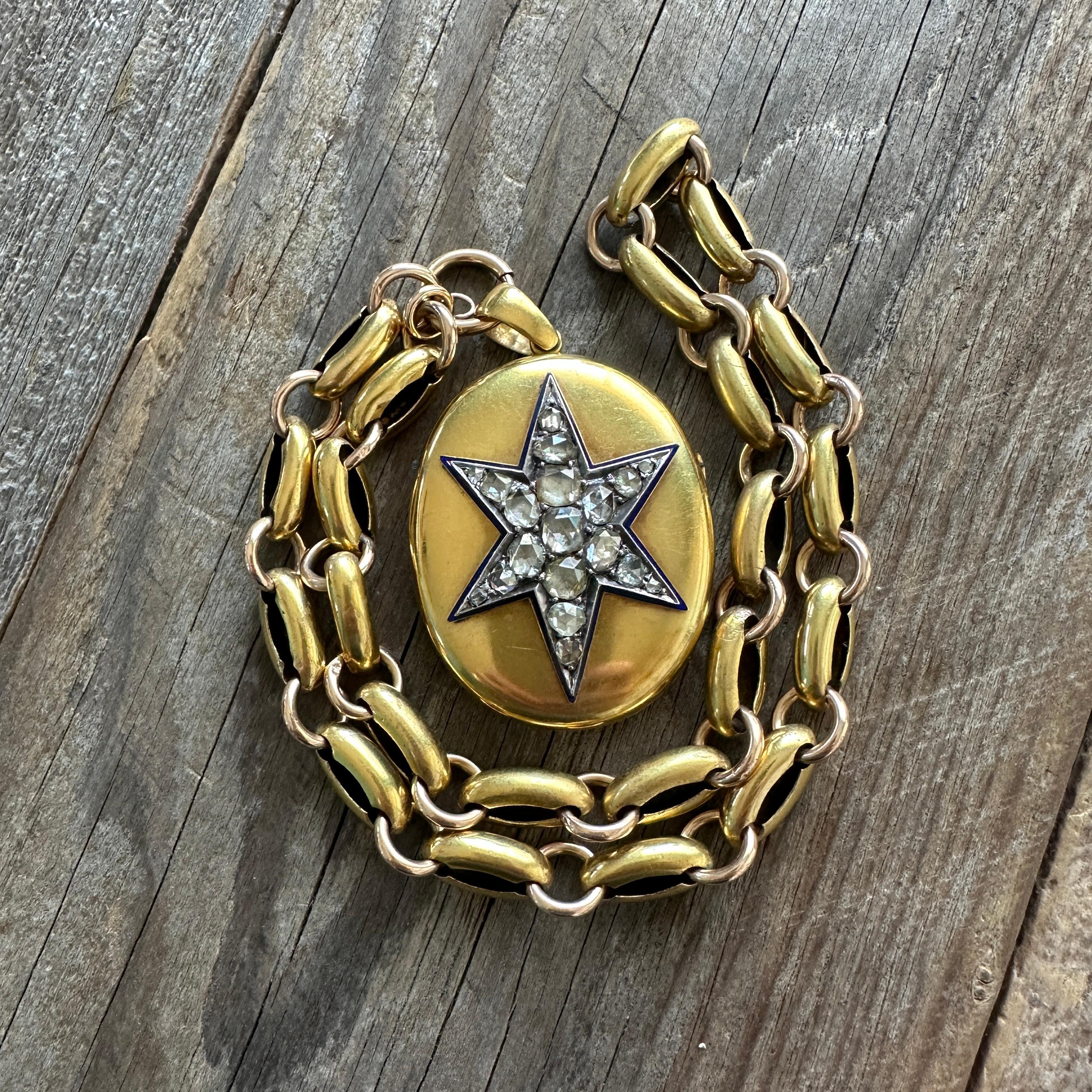 Victorian 18k Gold 2.15ct Diamond Star Enamel Locket Pendant For Sale 10