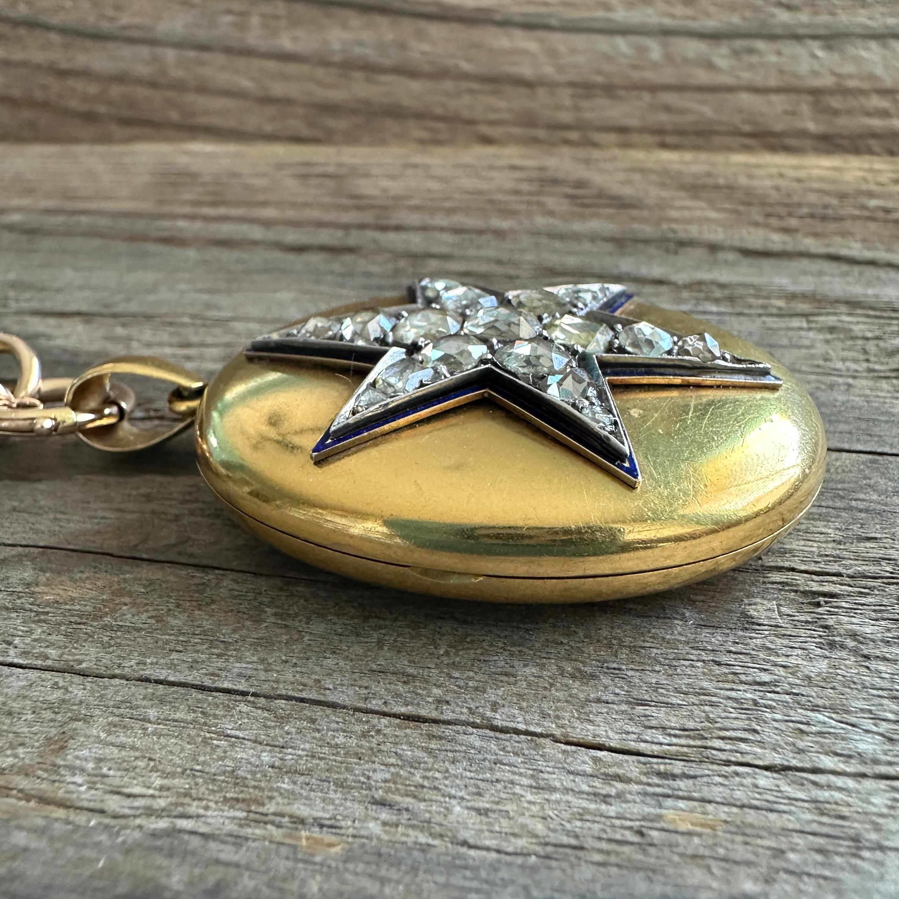 Victorian 18k Gold 2.15ct Diamond Star Enamel Locket Pendant For Sale 13
