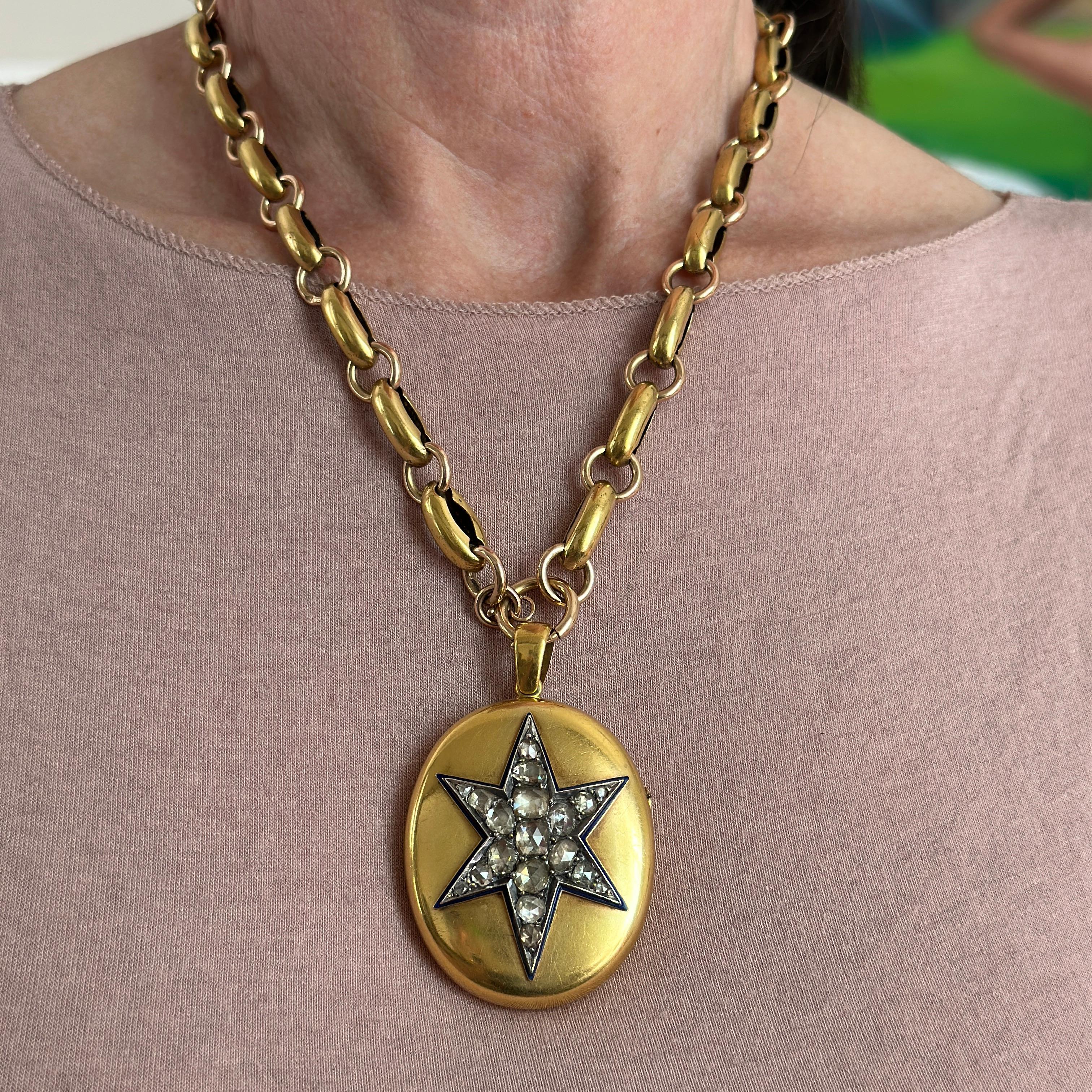 Victorian 18k Gold 2.15ct Diamond Star Enamel Locket Pendant For Sale 14