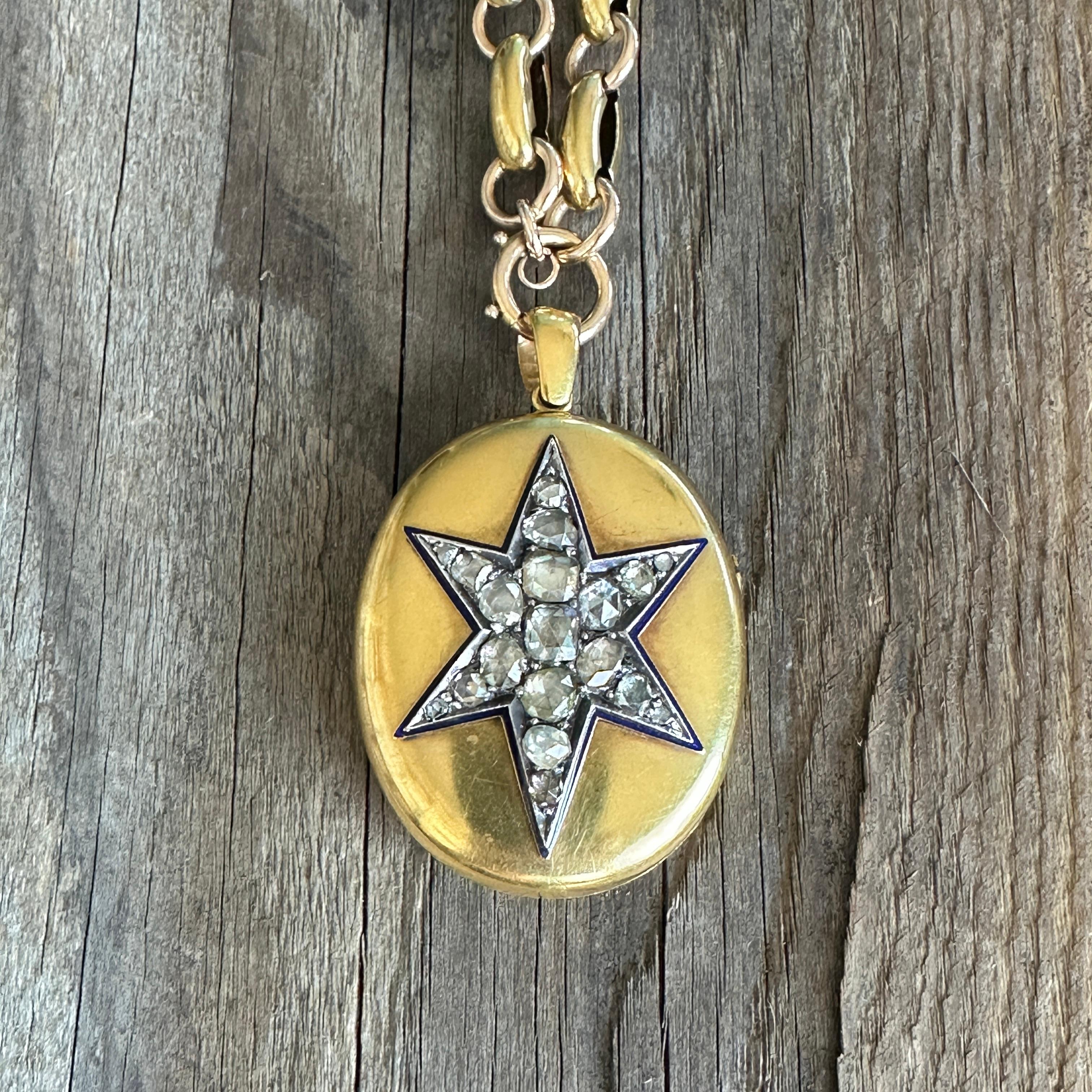 Rose Cut Victorian 18k Gold 2.15ct Diamond Star Enamel Locket Pendant For Sale
